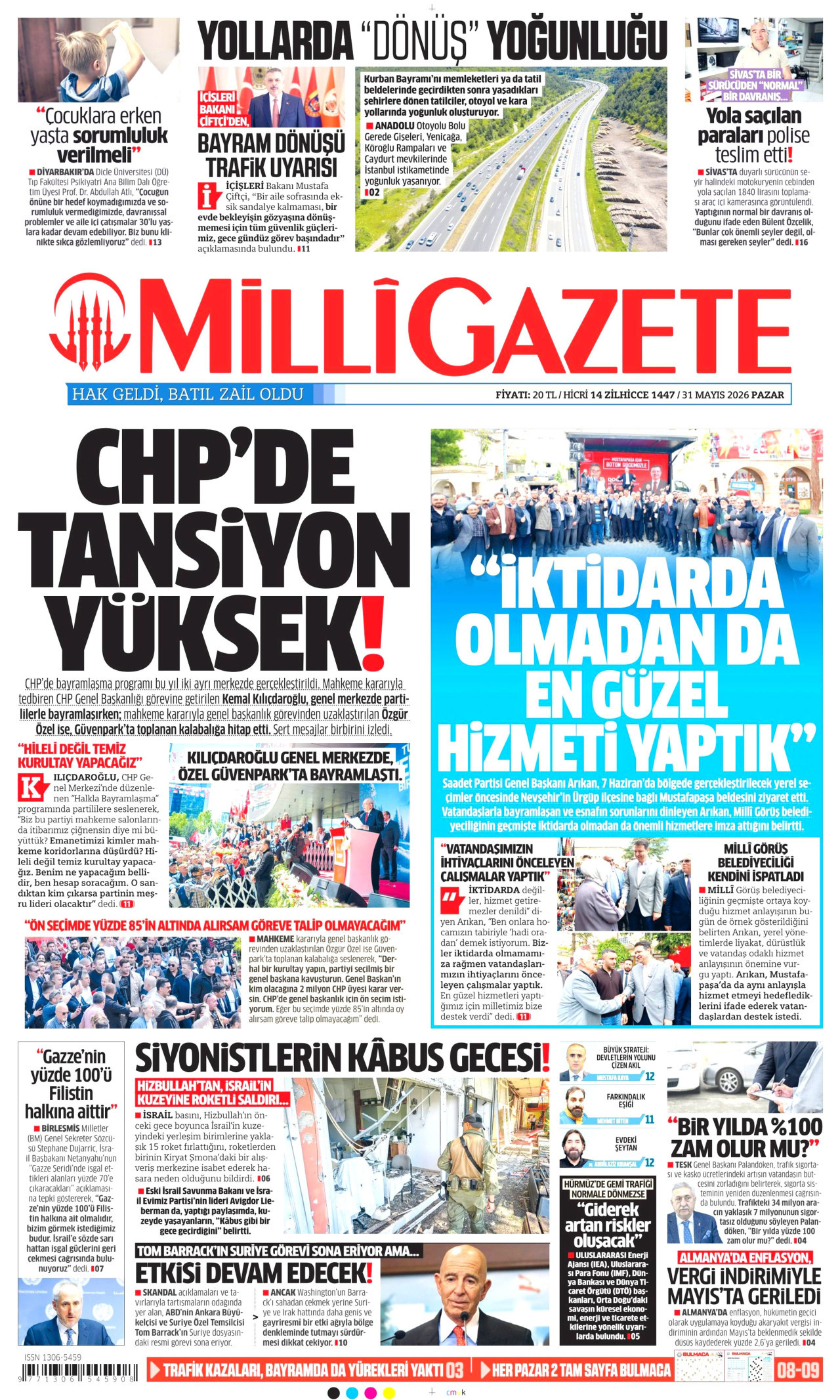 MİLLİ GAZETE gazetesinin 31 Mayıs 2026 tarihli birinci sayfası
