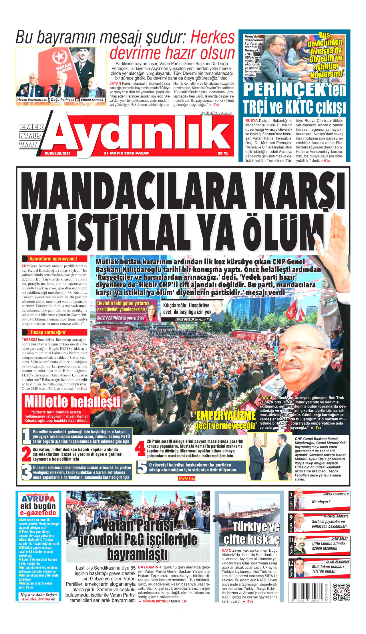 AYDINLIK GAZETESİ gazetesinin 31 Mayıs 2026 tarihli birinci sayfası