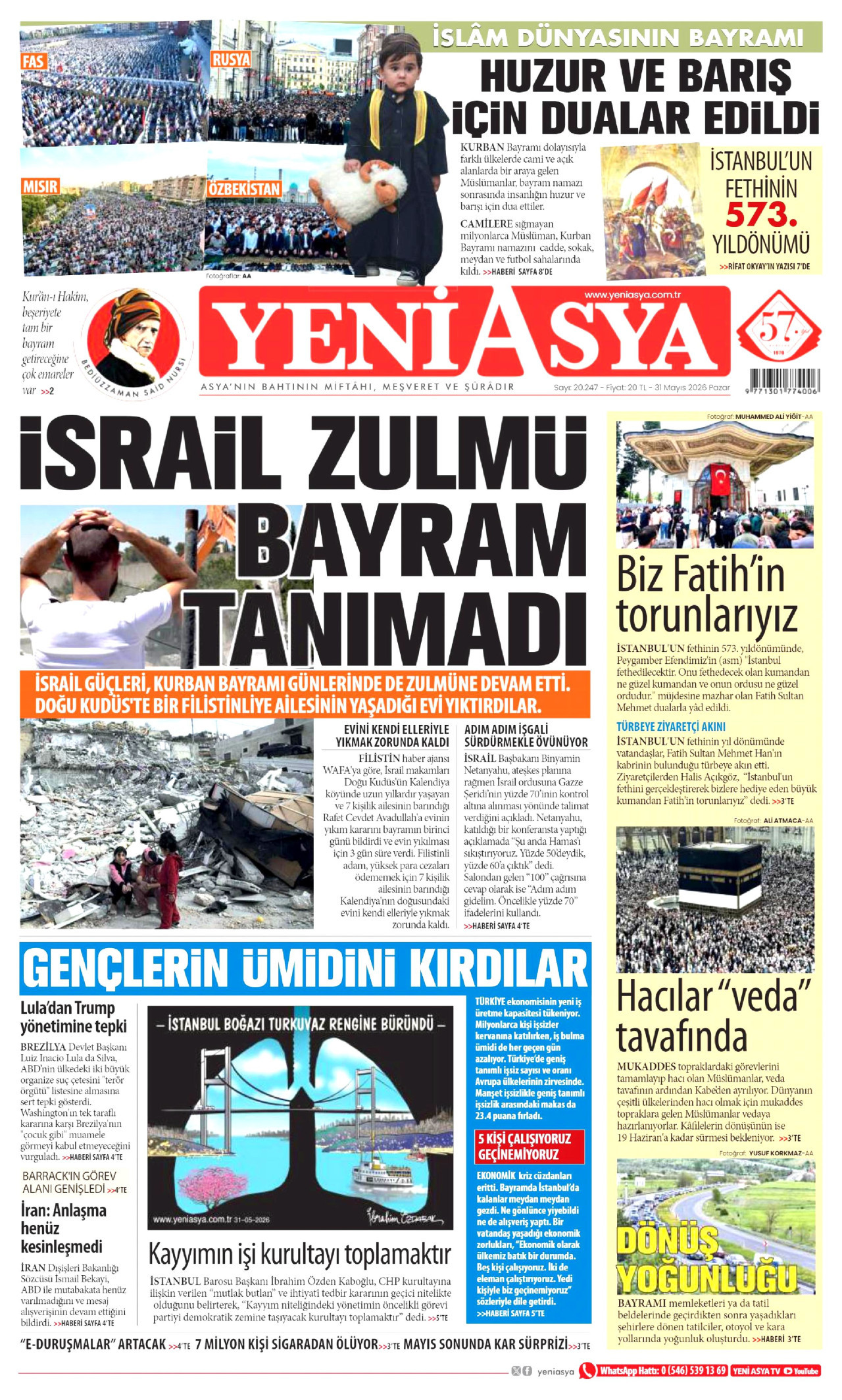 YENİ ASYA gazetesinin 31 Mayıs 2026 tarihli birinci sayfası