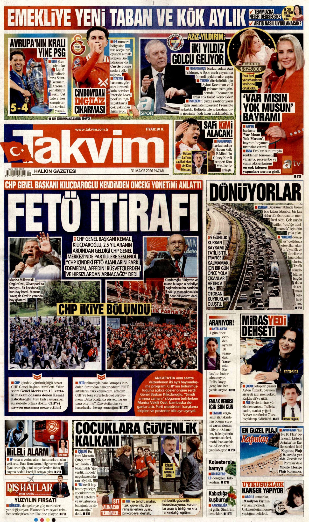 TAKVİM gazetesinin 31 Mayıs 2026 tarihli birinci sayfası