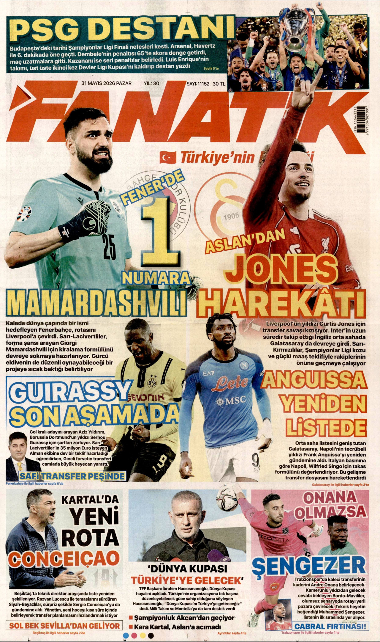 FANATİK gazetesinin 31 Mayıs 2026 tarihli birinci sayfası