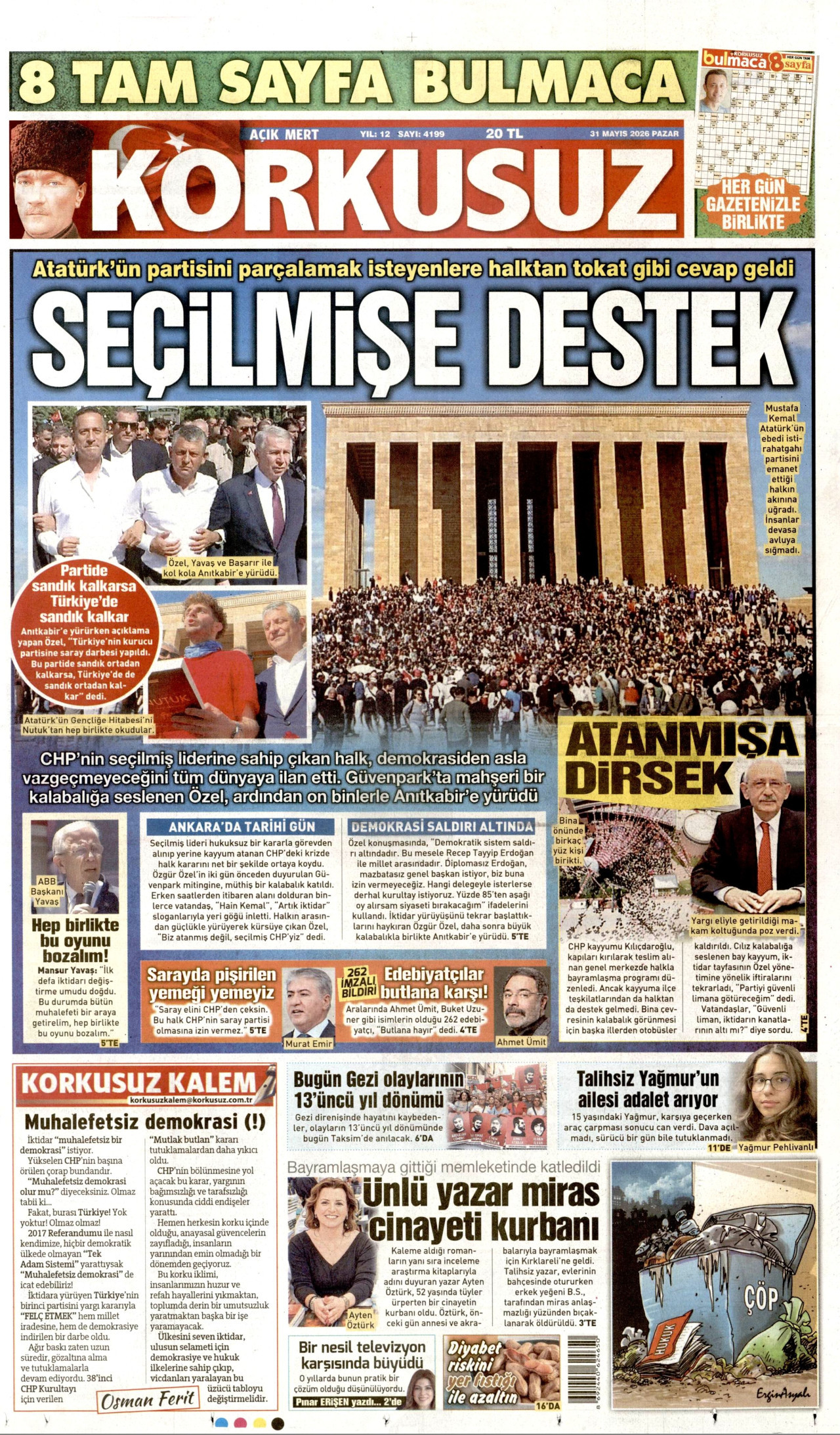 KORKUSUZ gazetesinin 31 Mayıs 2026 tarihli birinci sayfası