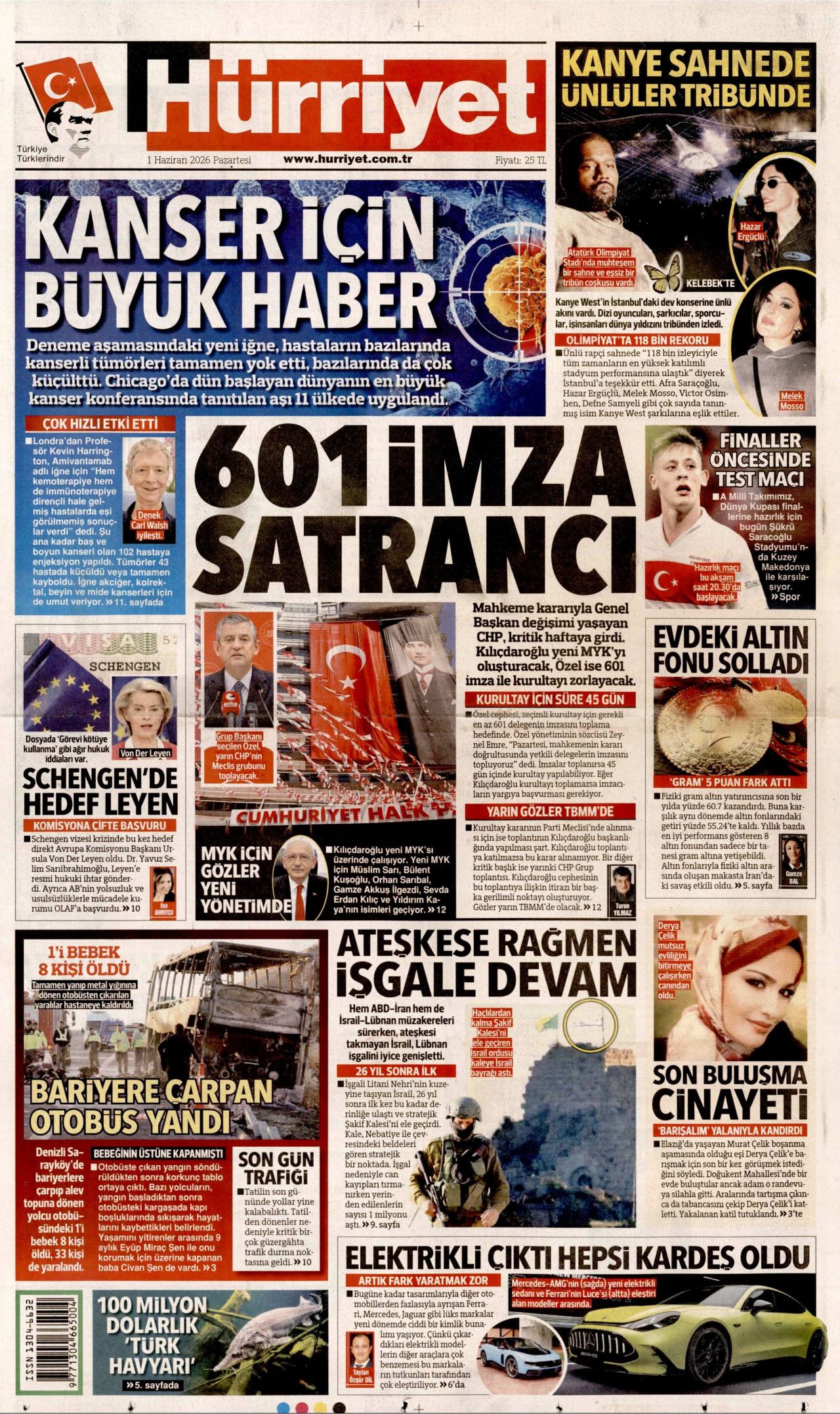 HÜRRİYET gazetesinin 1 Haziran 2026 tarihli birinci sayfası