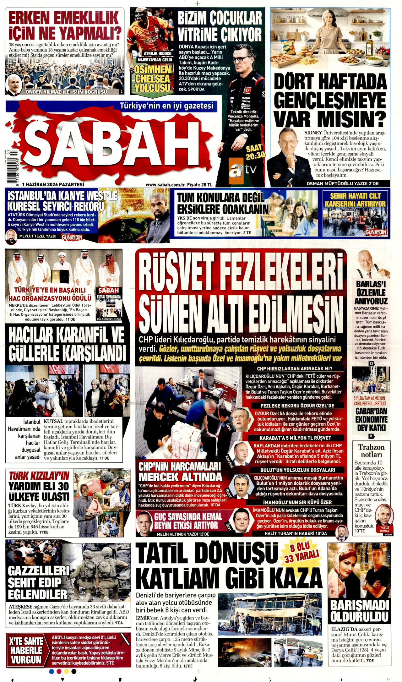 SABAH gazetesinin 1 Haziran 2026 tarihli birinci sayfası