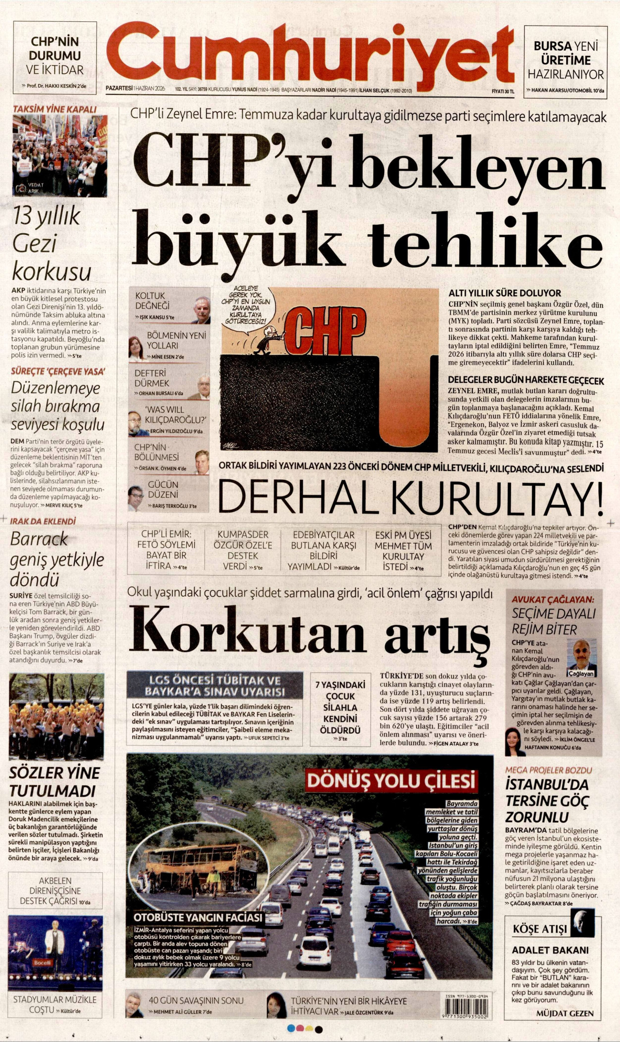 CUMHURİYET gazetesinin 1 Haziran 2026 tarihli birinci sayfası