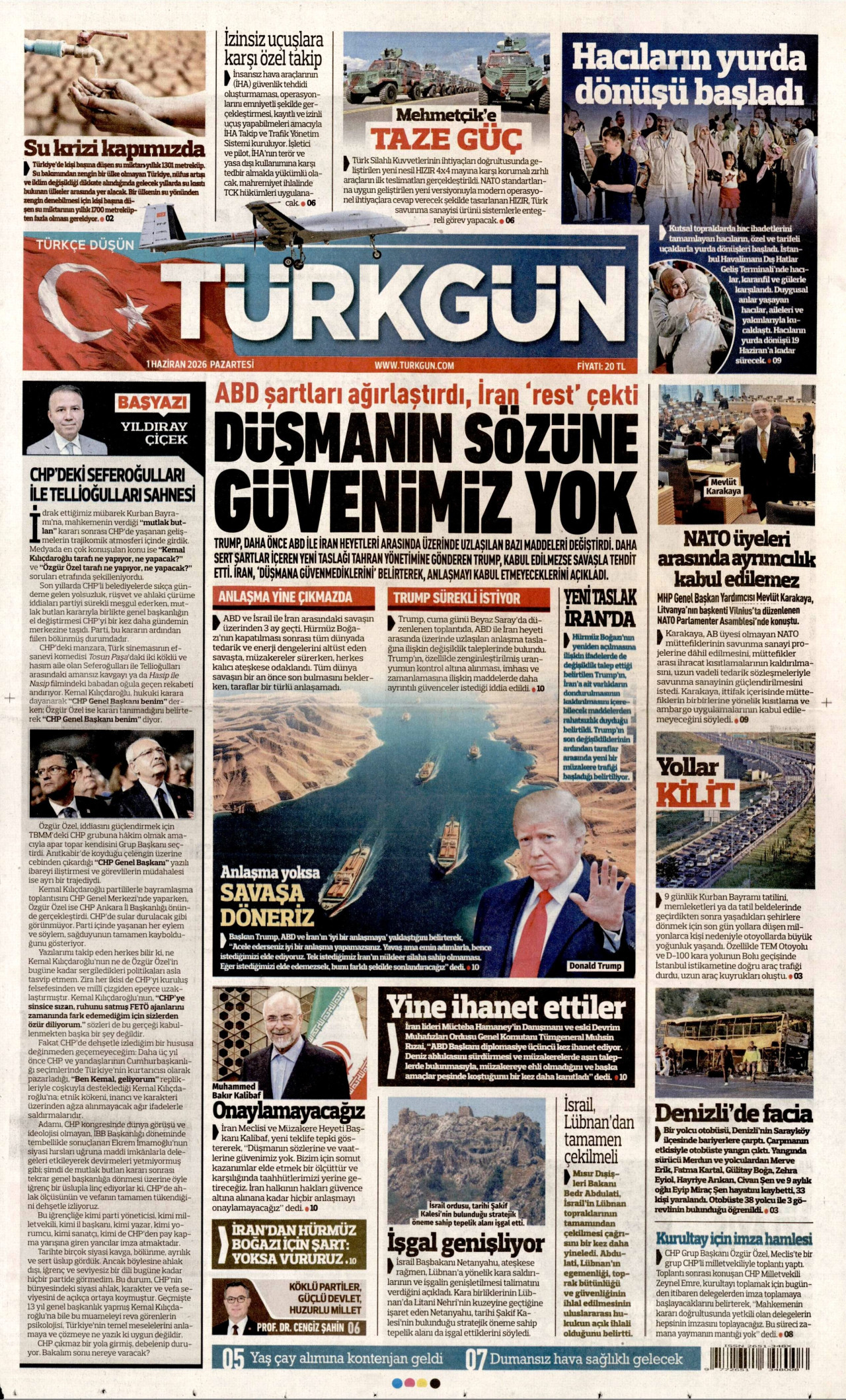 TÜRKGÜN gazetesinin 1 Haziran 2026 tarihli birinci sayfası