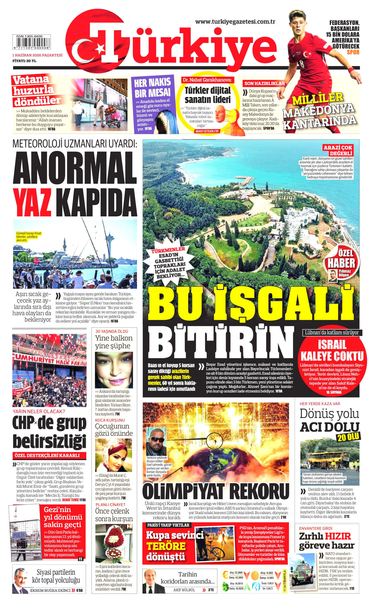 TÜRKİYE GAZETESİ gazetesinin 1 Haziran 2026 tarihli birinci sayfası