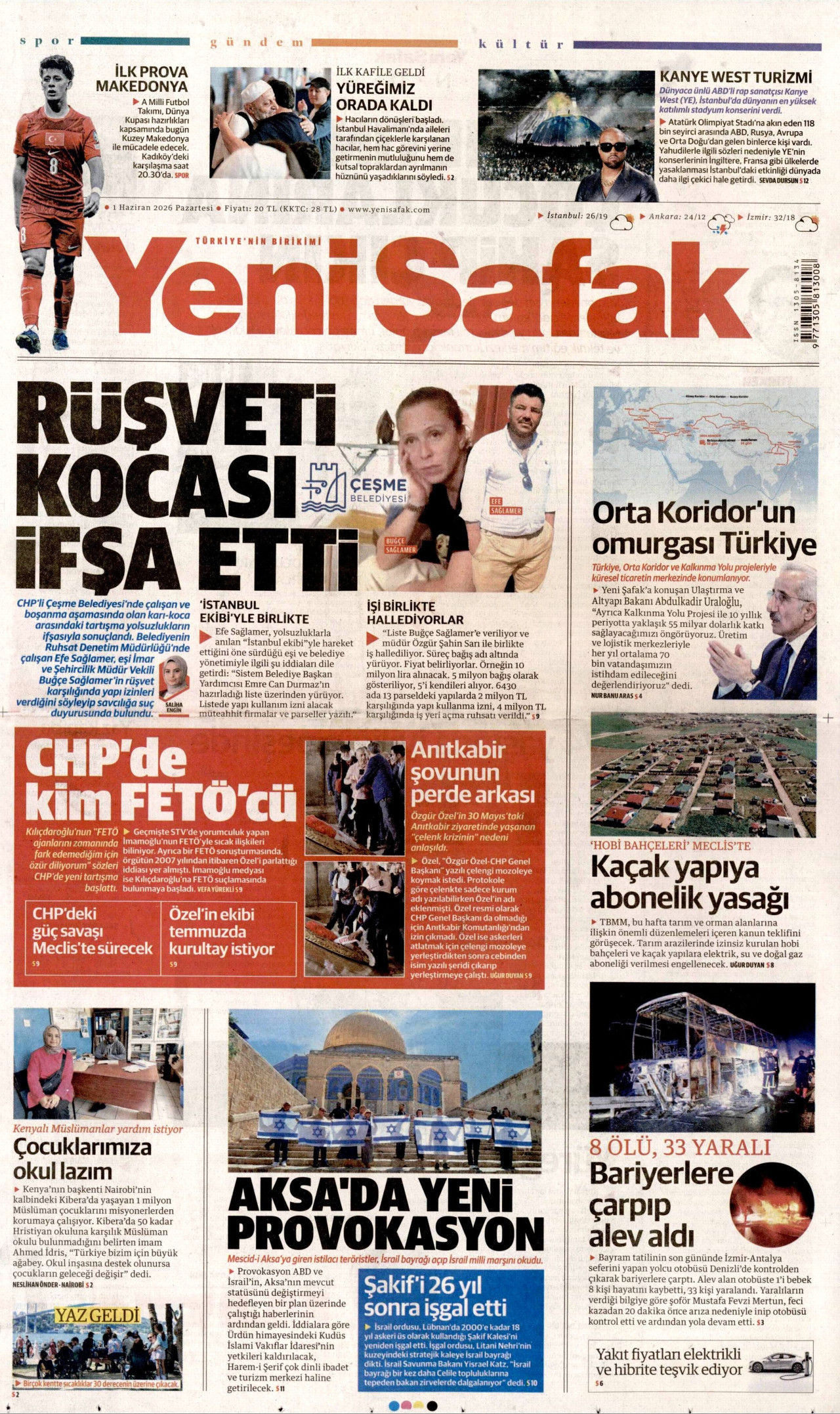 YENİ ŞAFAK gazetesinin 1 Haziran 2026 tarihli birinci sayfası
