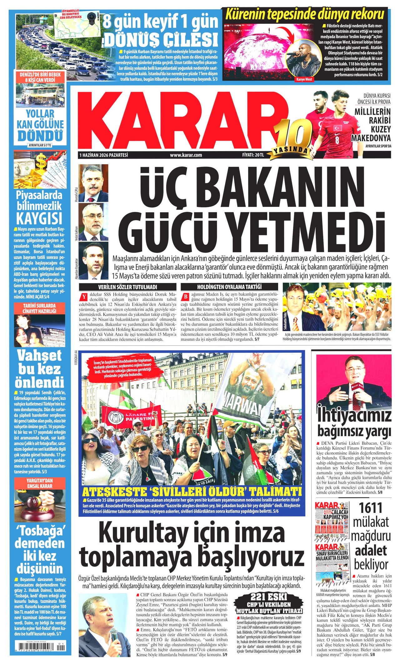 KARAR gazetesinin 1 Haziran 2026 tarihli birinci sayfası