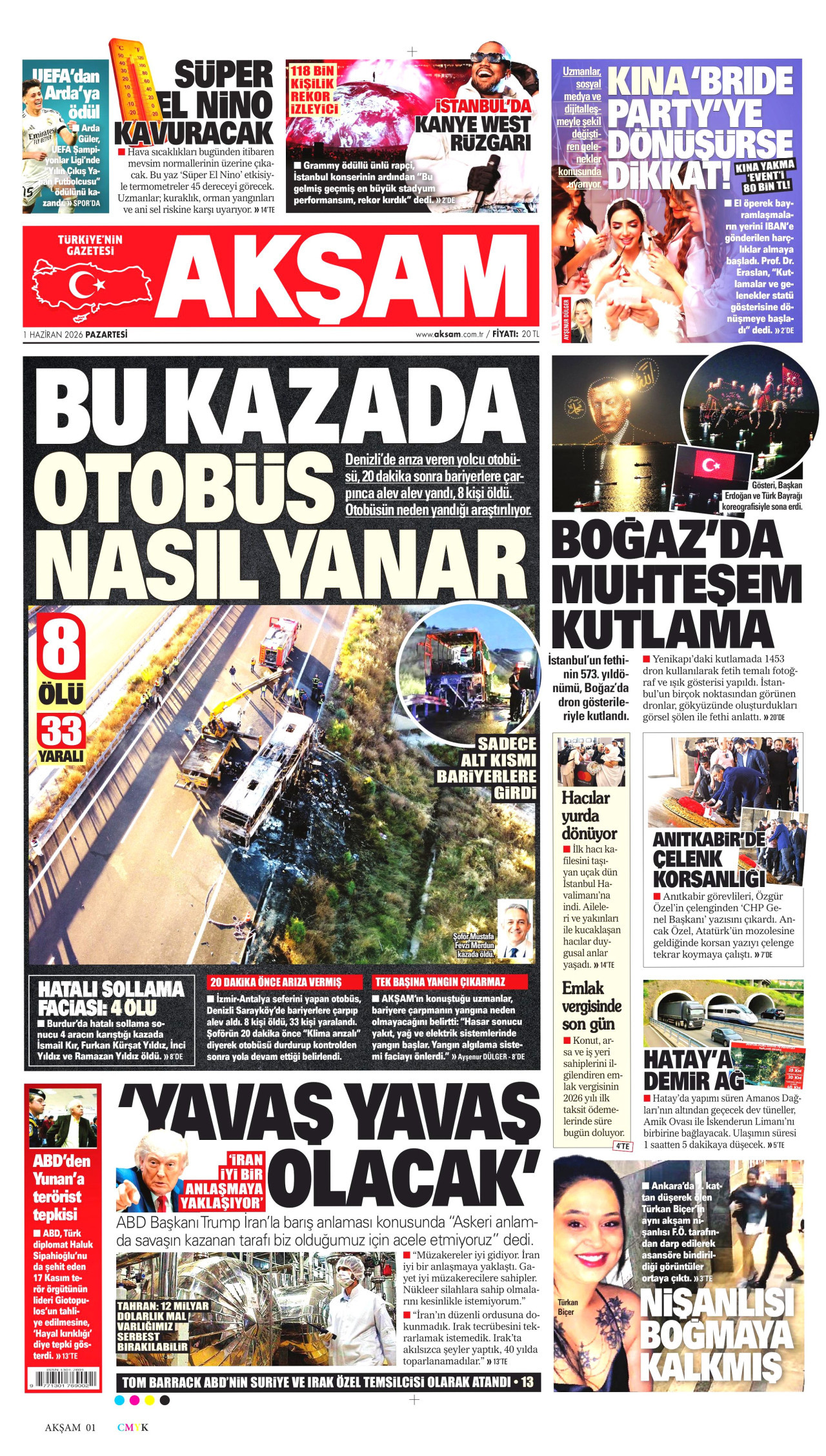 AKŞAM gazetesinin 1 Haziran 2026 tarihli birinci sayfası