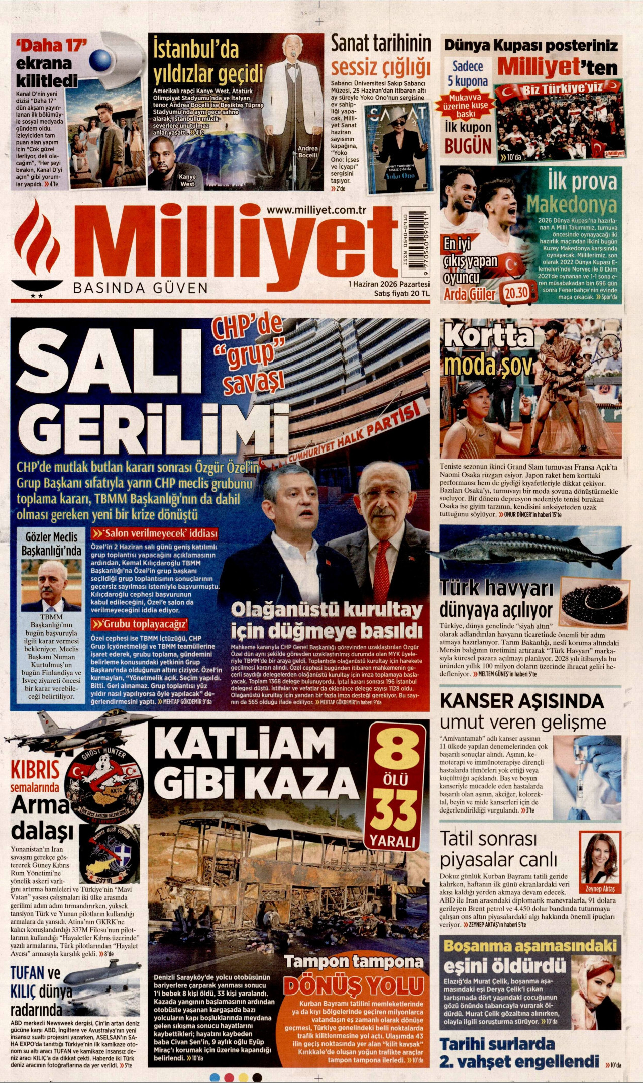 MİLLİYET gazetesinin 1 Haziran 2026 tarihli birinci sayfası
