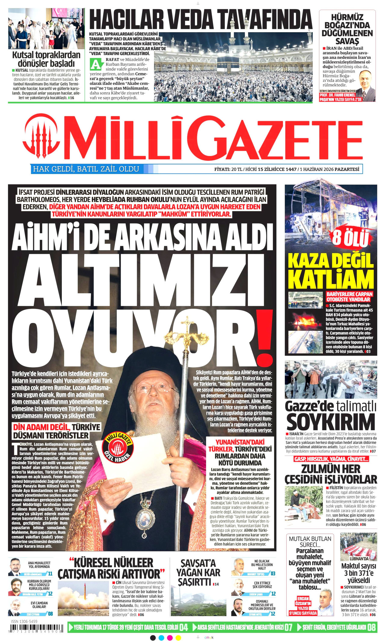 MİLLİ GAZETE gazetesinin 1 Haziran 2026 tarihli birinci sayfası