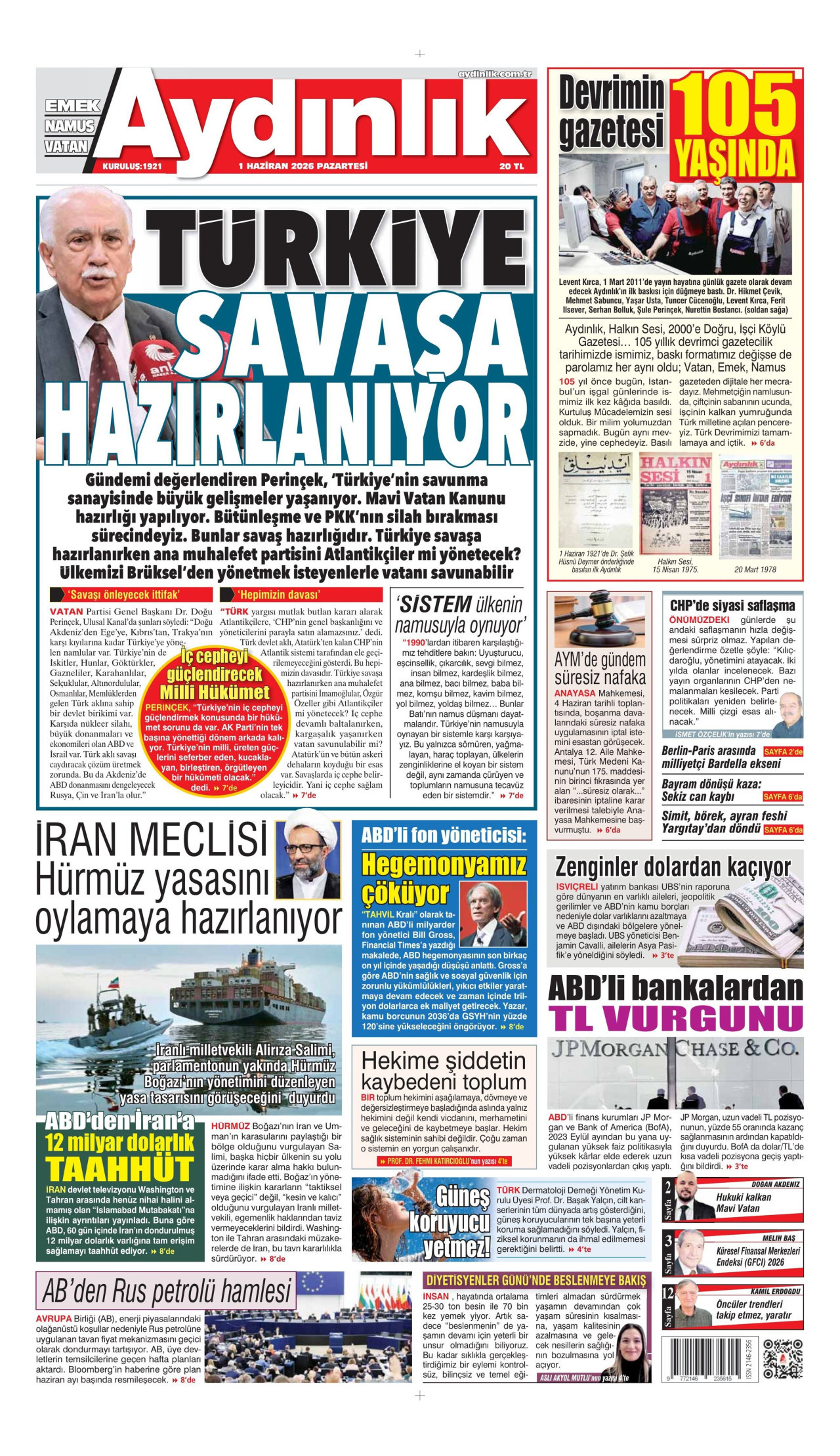 AYDINLIK GAZETESİ gazetesinin 1 Haziran 2026 tarihli birinci sayfası