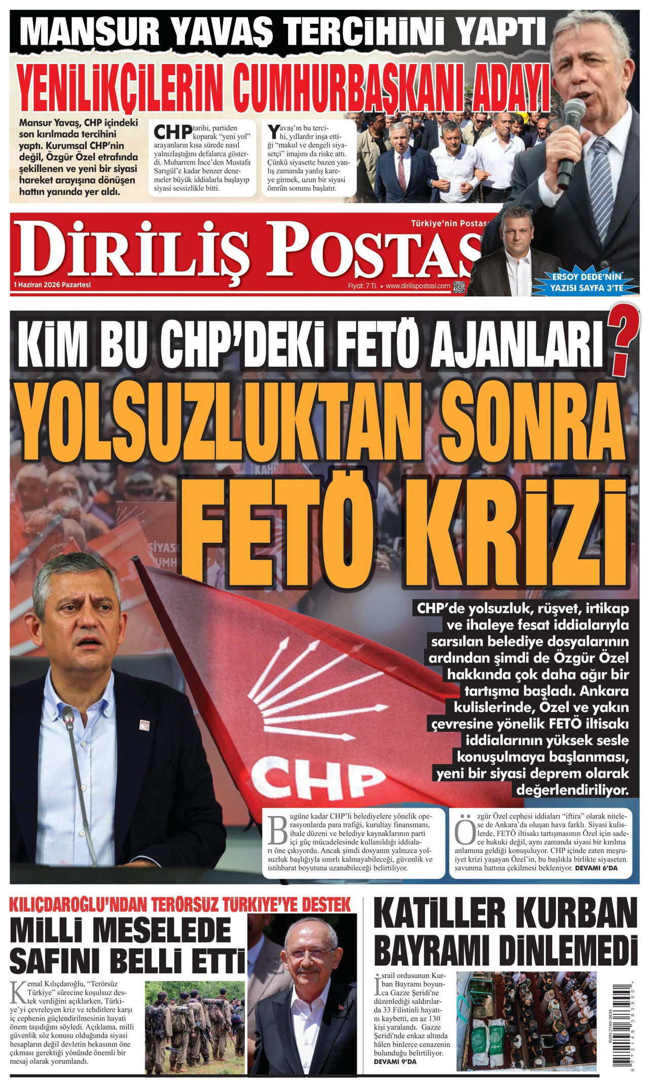DİRİLİŞ POSTASI gazetesinin 1 Haziran 2026 tarihli birinci sayfası