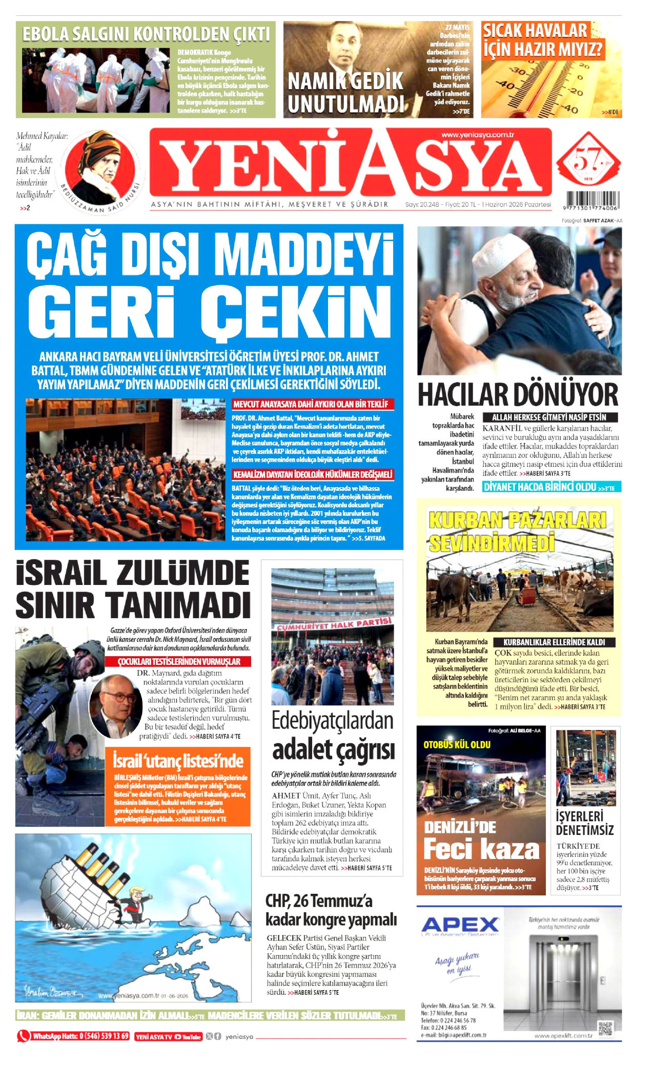 YENİ ASYA gazetesinin 1 Haziran 2026 tarihli birinci sayfası