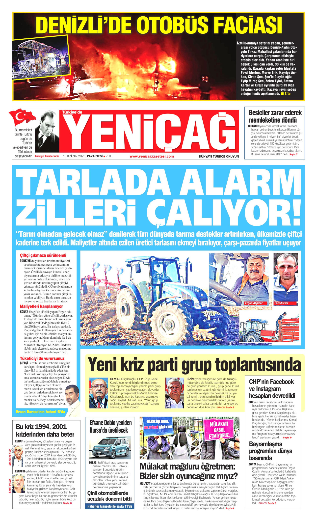 YENİÇAĞ gazetesinin 1 Haziran 2026 tarihli birinci sayfası