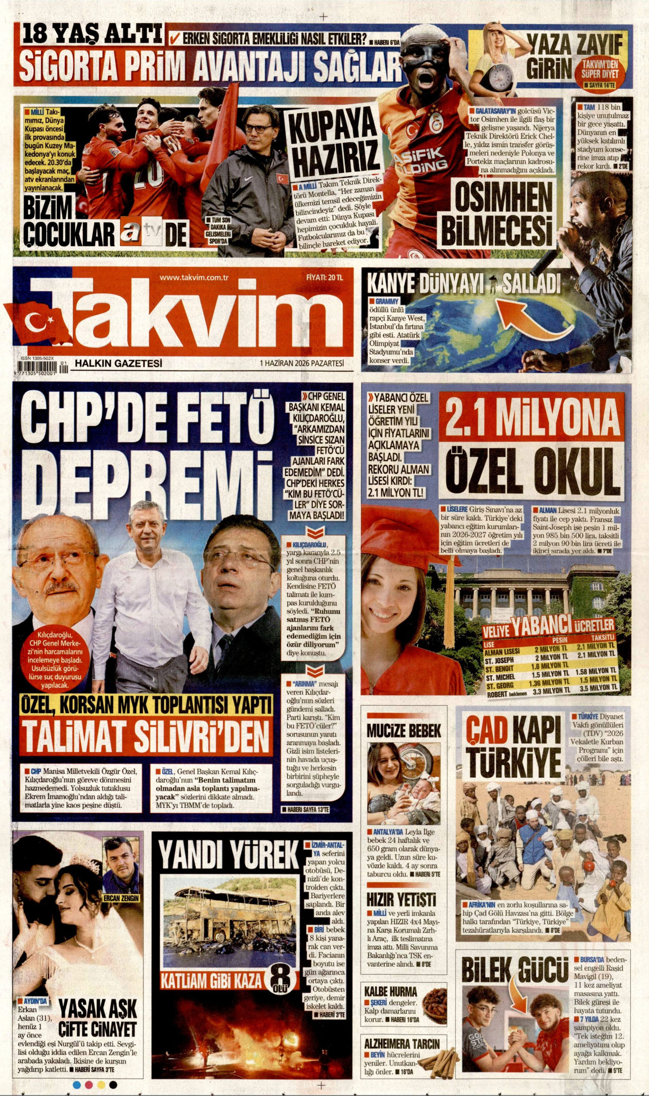 TAKVİM gazetesinin 1 Haziran 2026 tarihli birinci sayfası