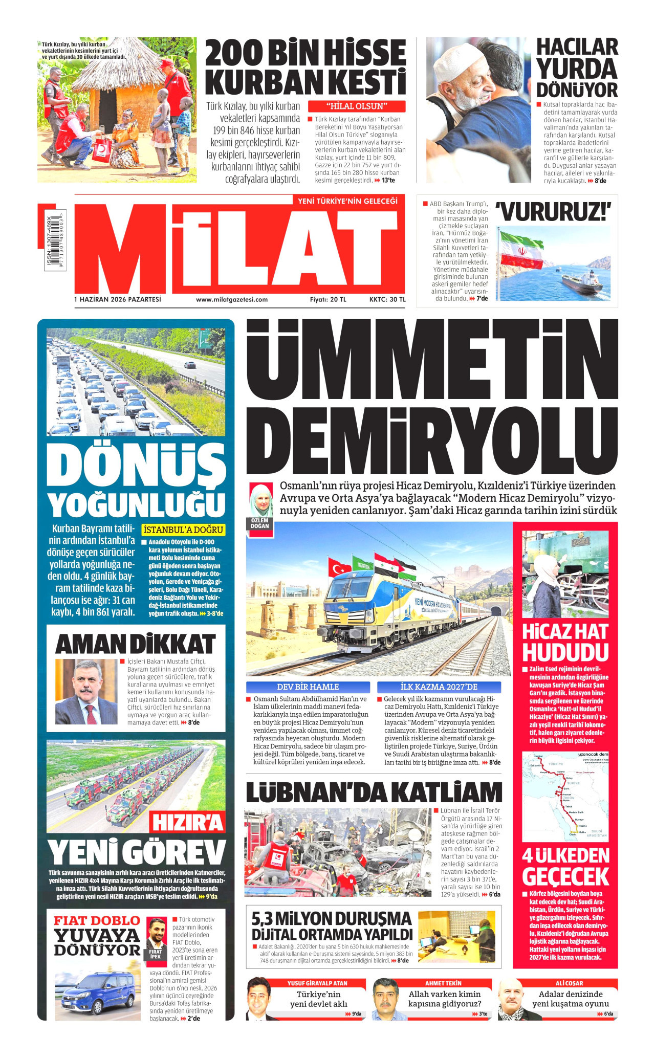 MİLAT gazetesinin 1 Haziran 2026 tarihli birinci sayfası
