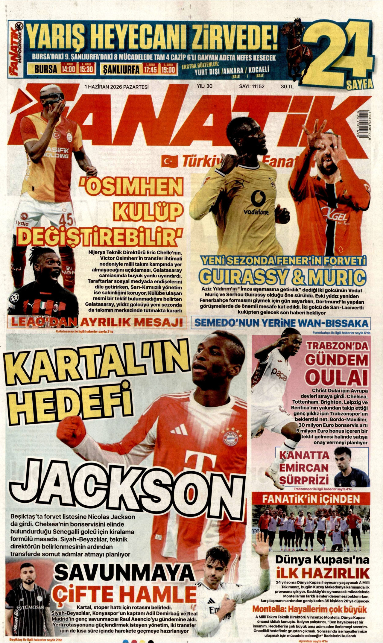 FANATİK gazetesinin 1 Haziran 2026 tarihli birinci sayfası