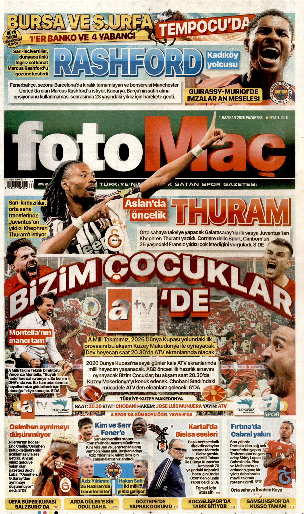 FOTOMAÇ gazetesinin 1 Haziran 2026 tarihli birinci sayfası
