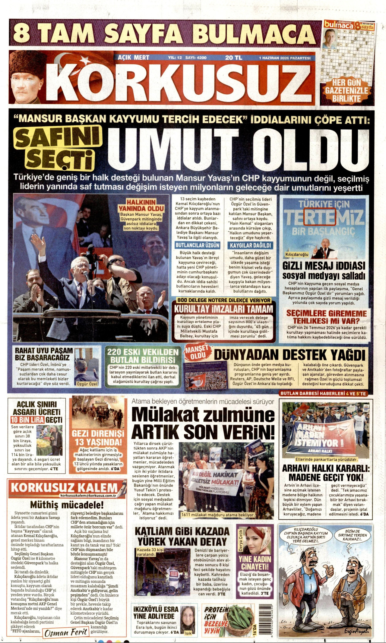 KORKUSUZ gazetesinin 1 Haziran 2026 tarihli birinci sayfası
