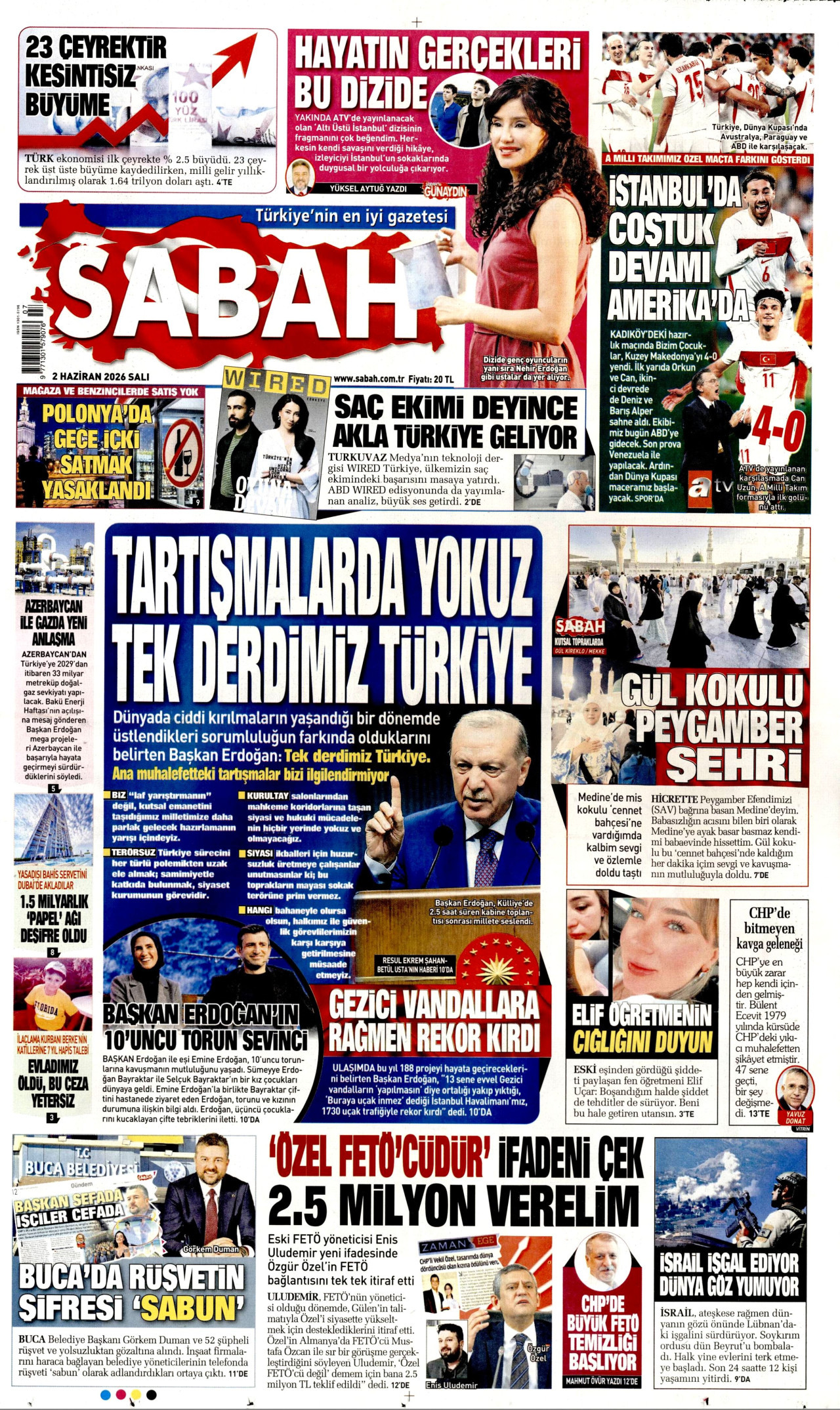 SABAH gazetesinin 2 Haziran 2026 tarihli birinci sayfası