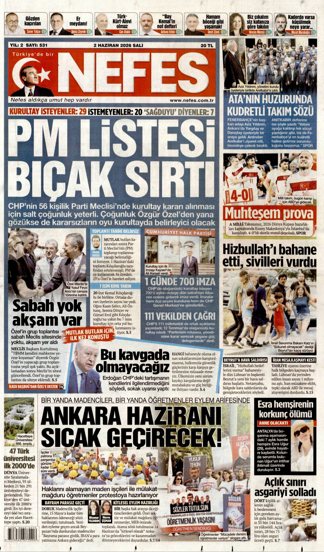 NEFES gazetesinin 2 Haziran 2026 tarihli birinci sayfası