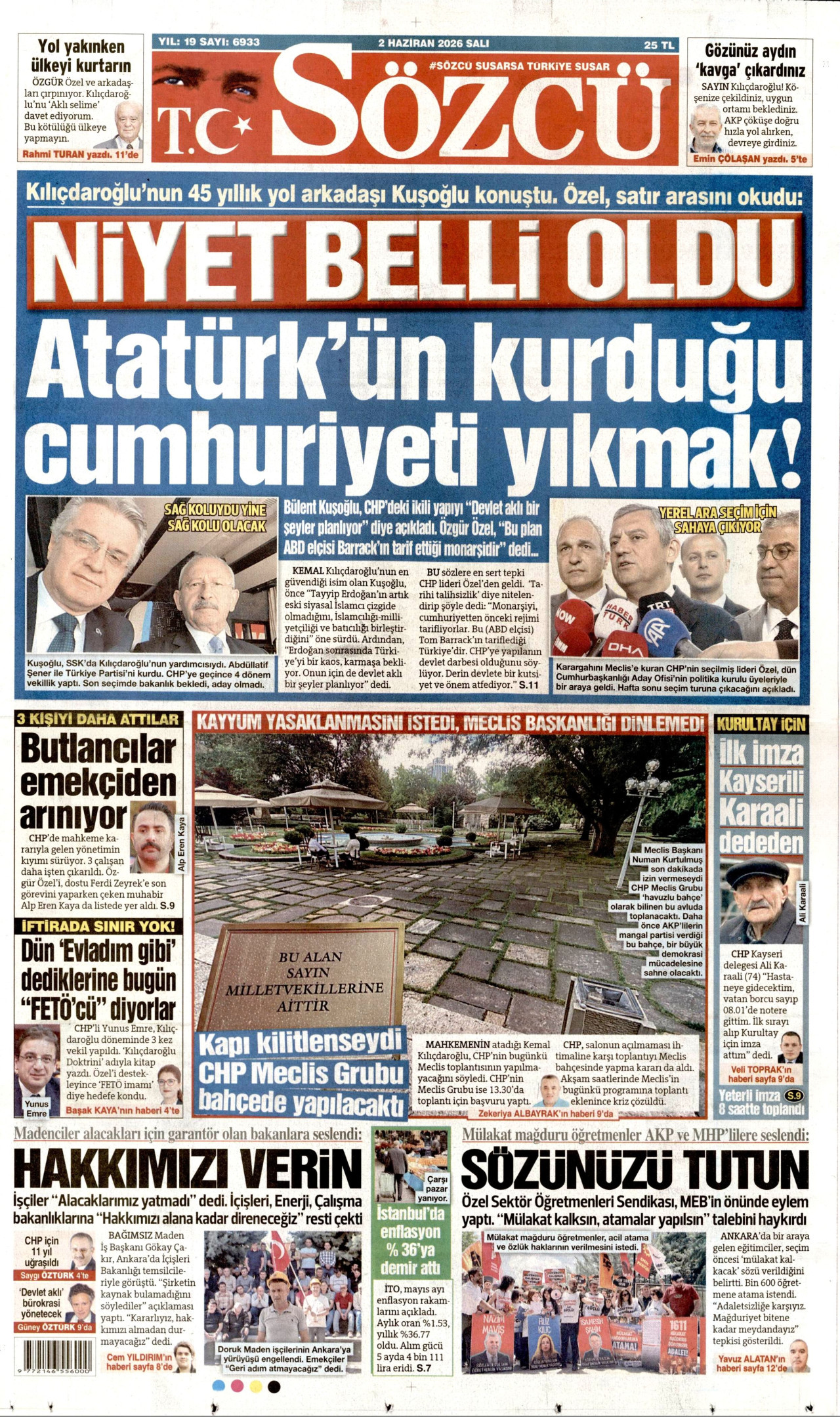SÖZCÜ gazetesinin 2 Haziran 2026 tarihli birinci sayfası