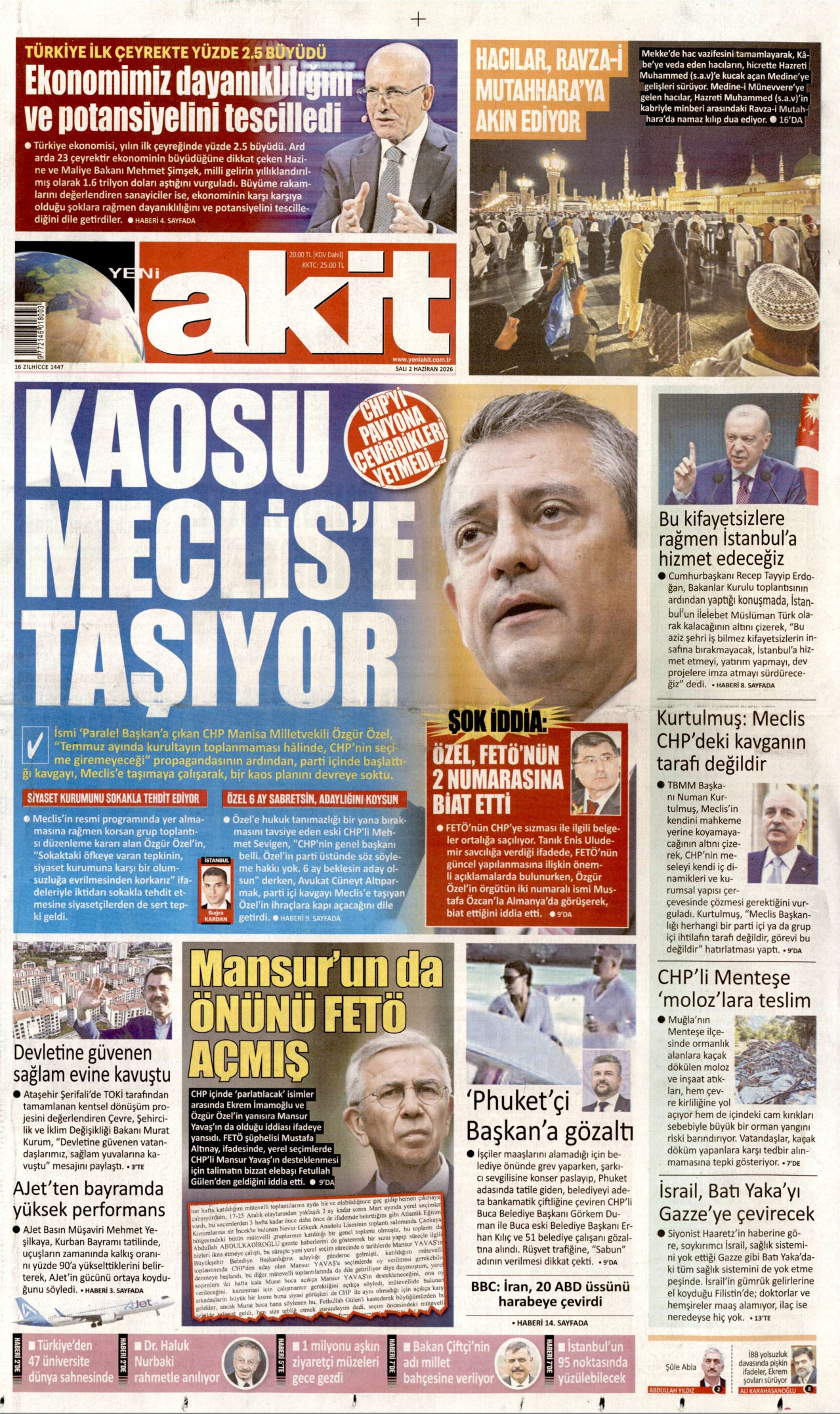 YENİ AKİT gazetesinin 2 Haziran 2026 tarihli birinci sayfası