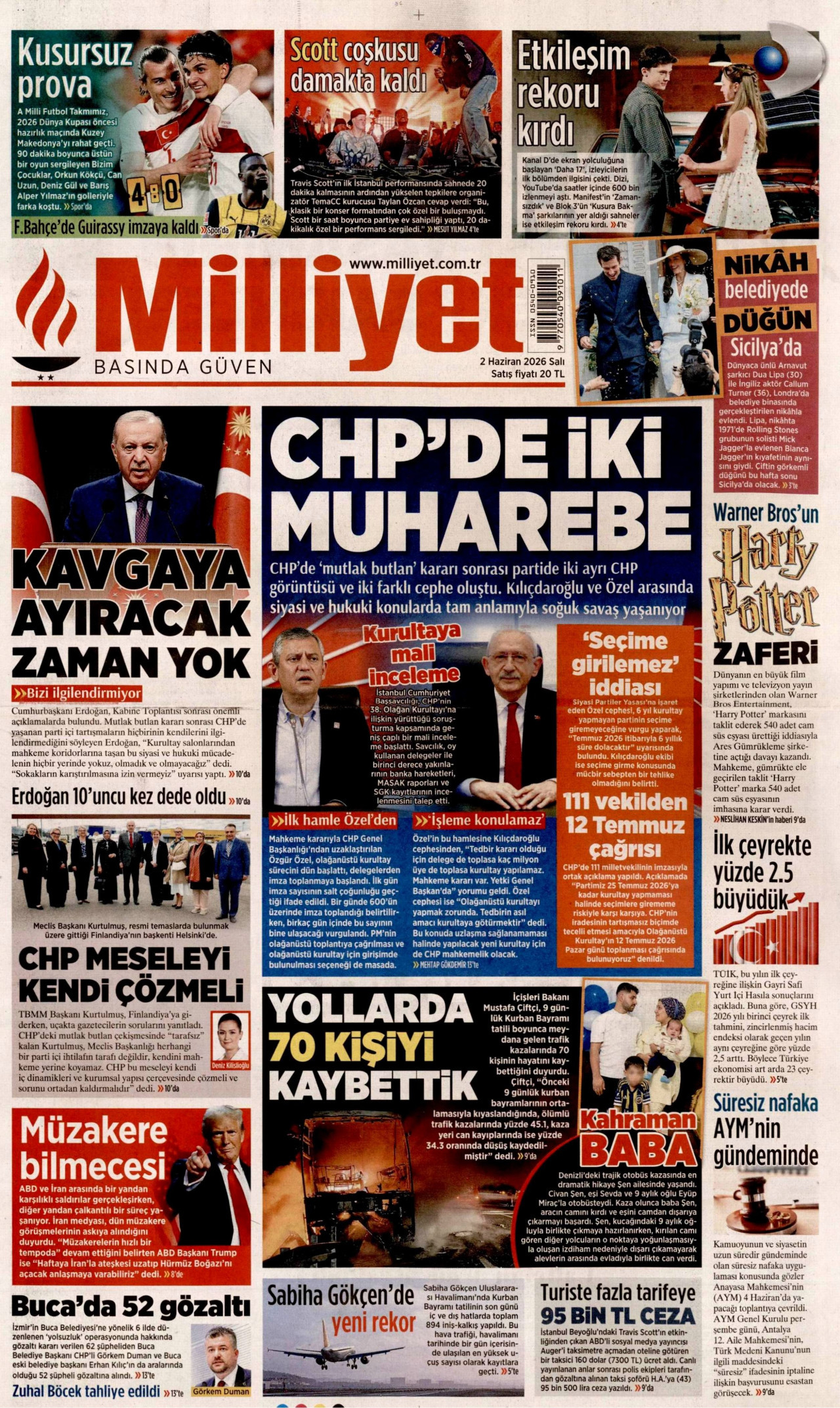 MİLLİYET gazetesinin 2 Haziran 2026 tarihli birinci sayfası