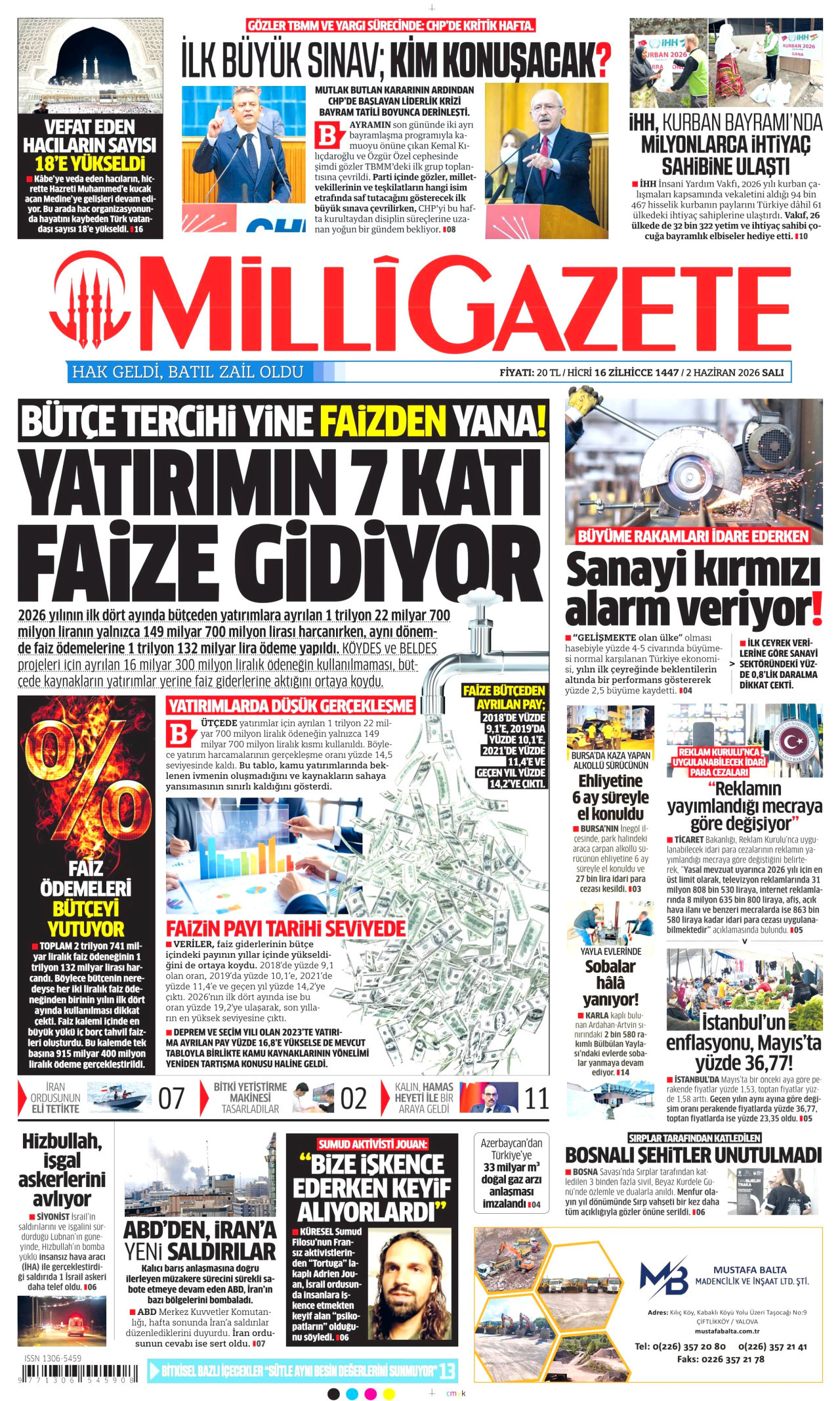 MİLLİ GAZETE gazetesinin 2 Haziran 2026 tarihli birinci sayfası