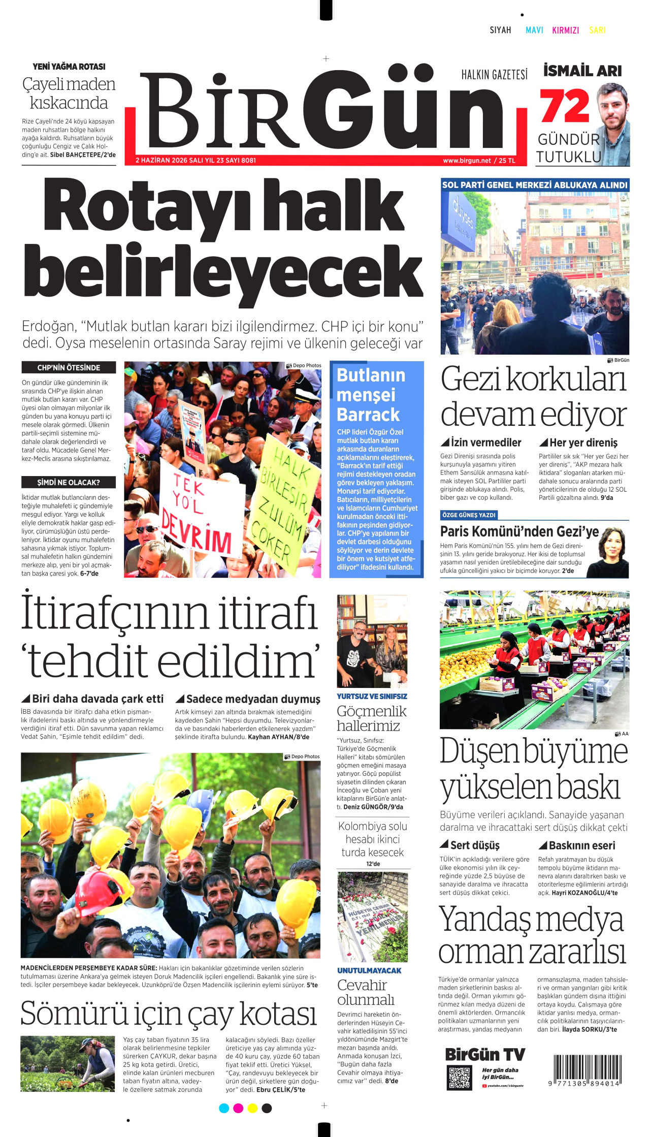 BİRGÜN gazetesinin 2 Haziran 2026 tarihli birinci sayfası