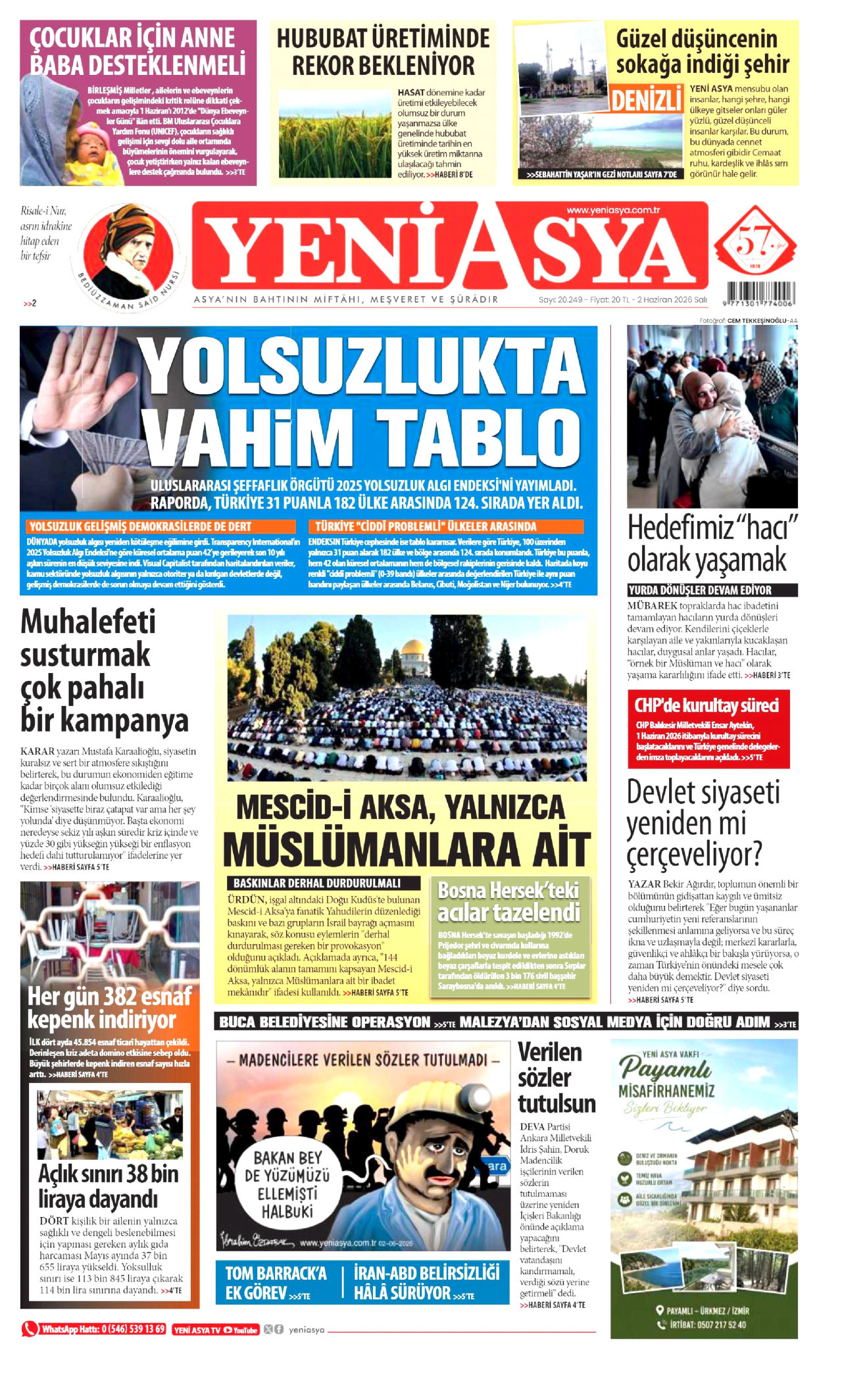YENİ ASYA gazetesinin 2 Haziran 2026 tarihli birinci sayfası