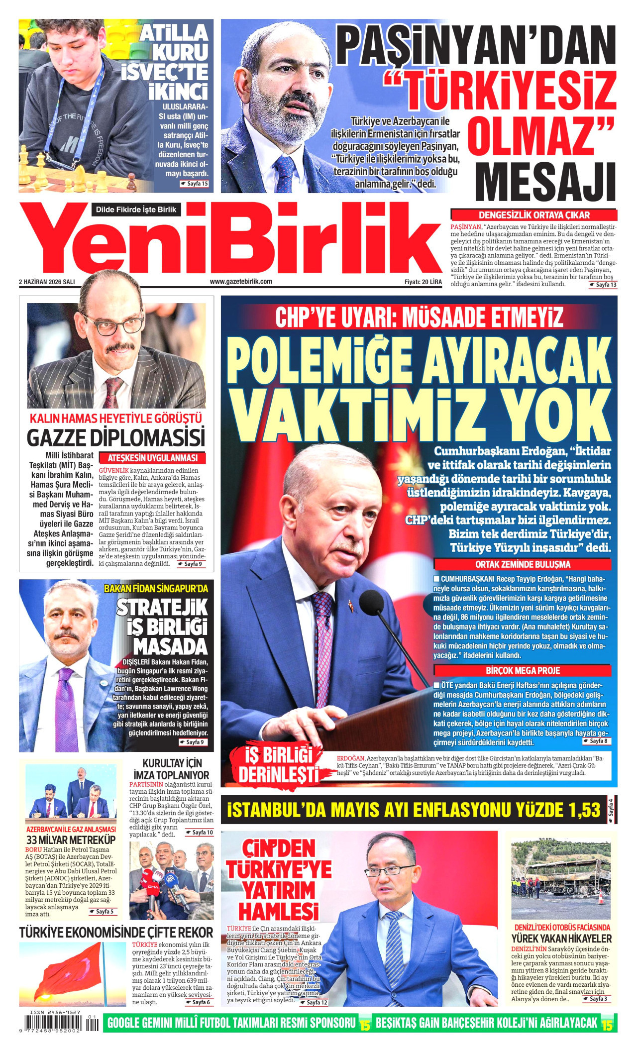 YENİBİRLİK gazetesinin 2 Haziran 2026 tarihli birinci sayfası