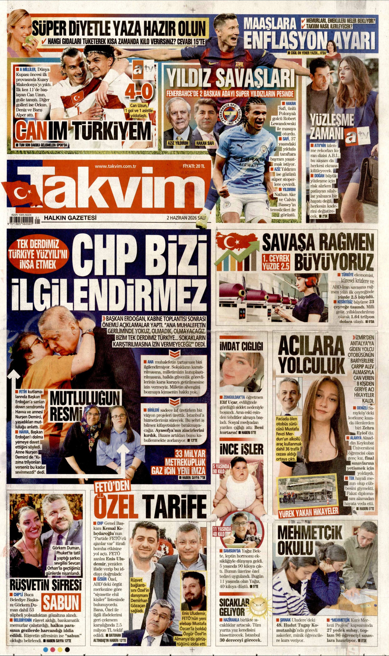 TAKVİM gazetesinin 2 Haziran 2026 tarihli birinci sayfası