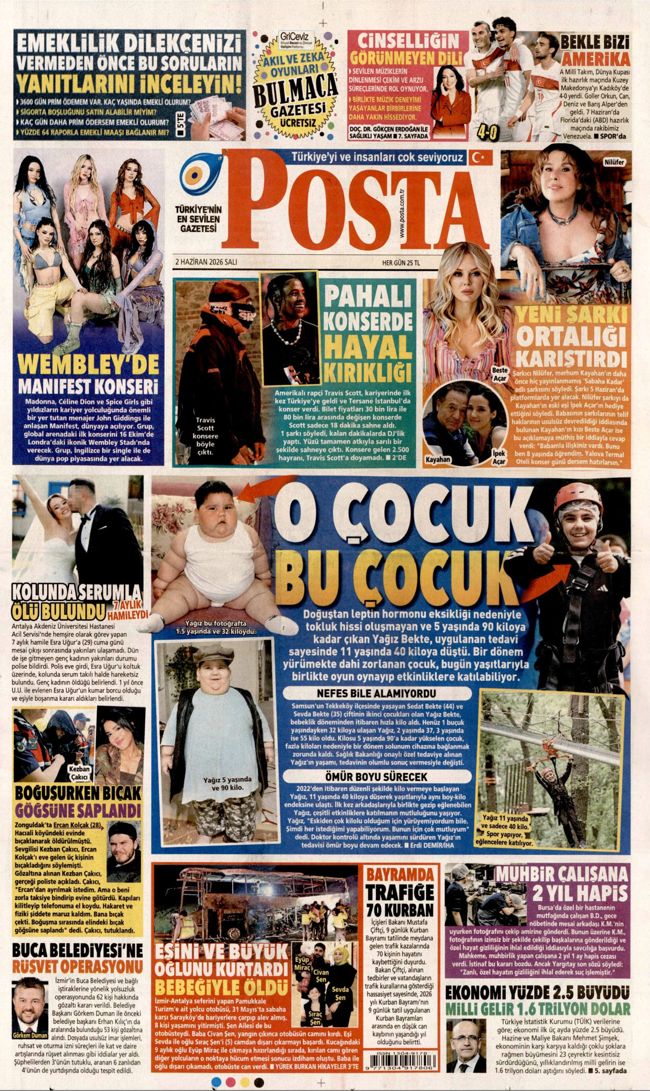 POSTA gazetesinin 2 Haziran 2026 tarihli birinci sayfası