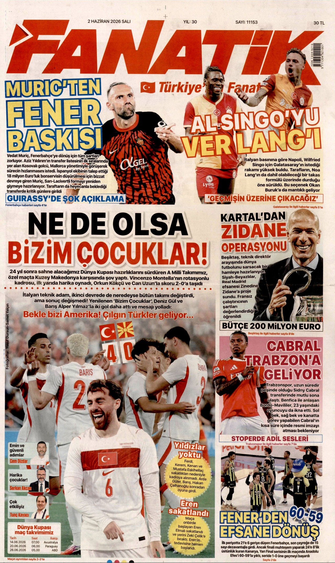 FANATİK gazetesinin 2 Haziran 2026 tarihli birinci sayfası