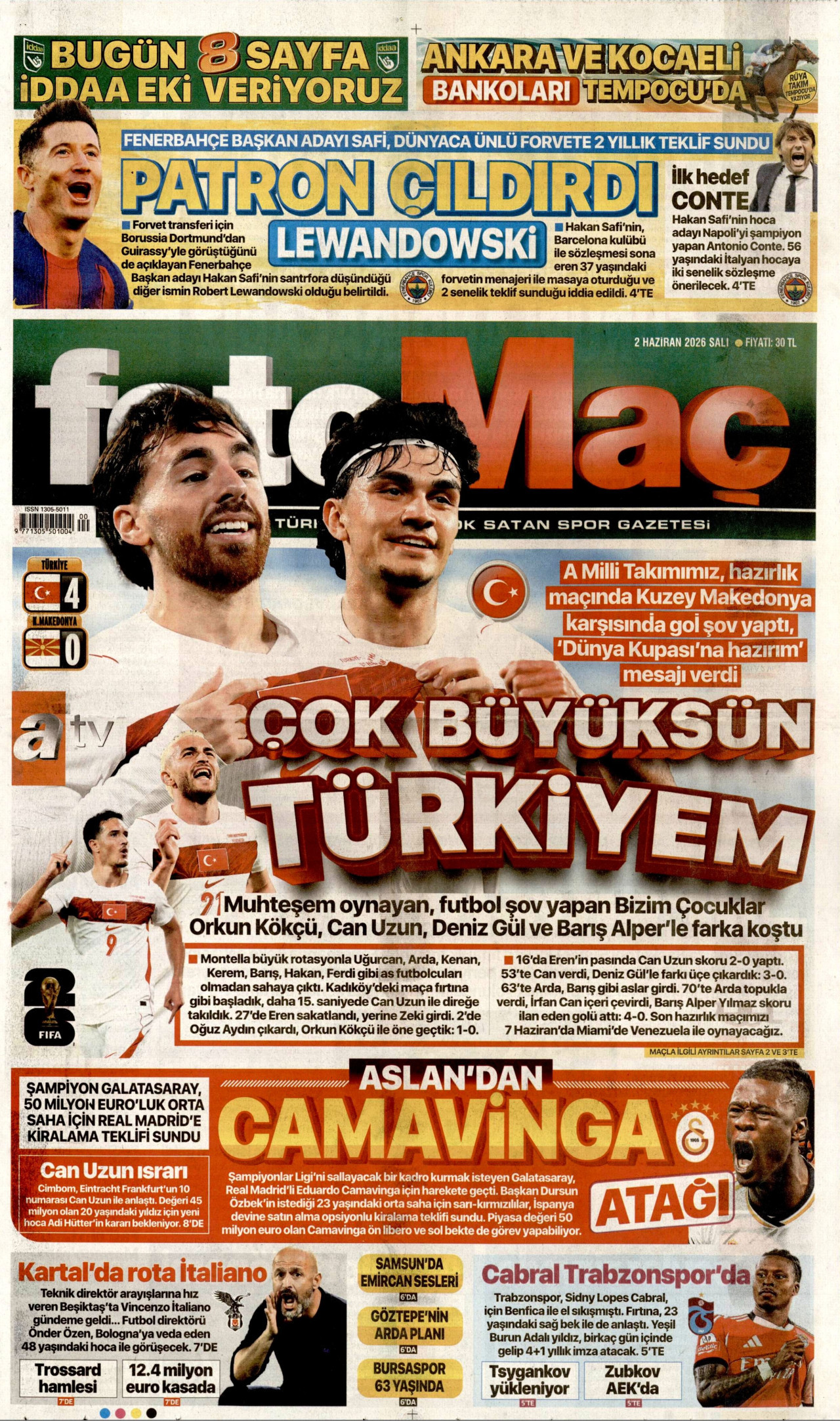 FOTOMAÇ gazetesinin 2 Haziran 2026 tarihli birinci sayfası