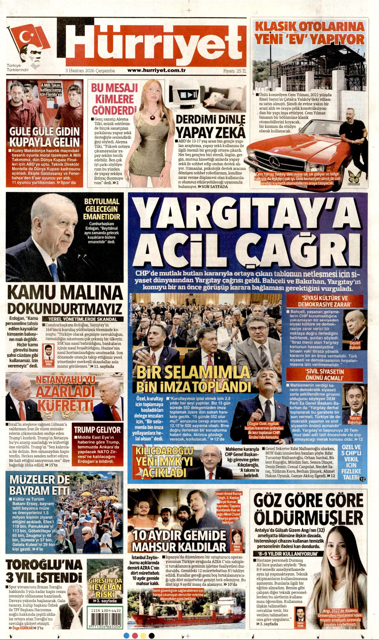 HÜRRİYET gazetesinin 3 Haziran 2026 tarihli birinci sayfası