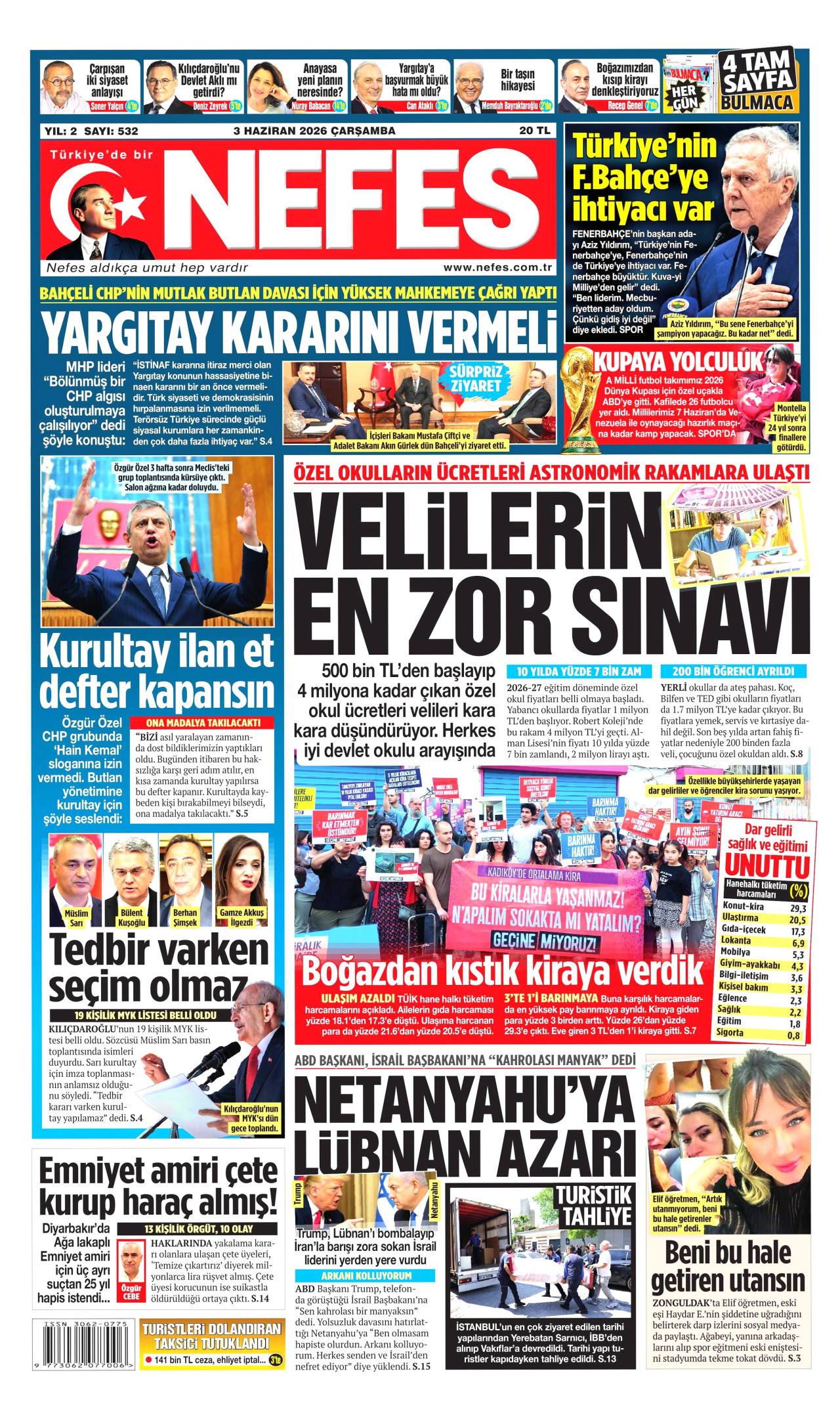 NEFES gazetesinin 3 Haziran 2026 tarihli birinci sayfası