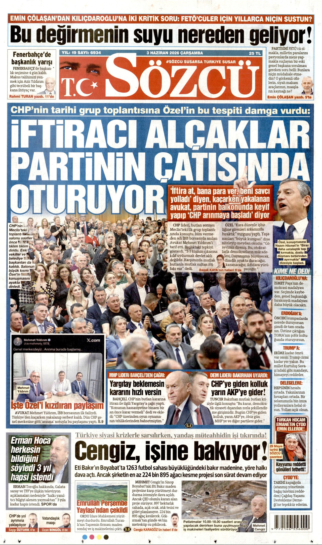 SÖZCÜ gazetesinin 3 Haziran 2026 tarihli birinci sayfası