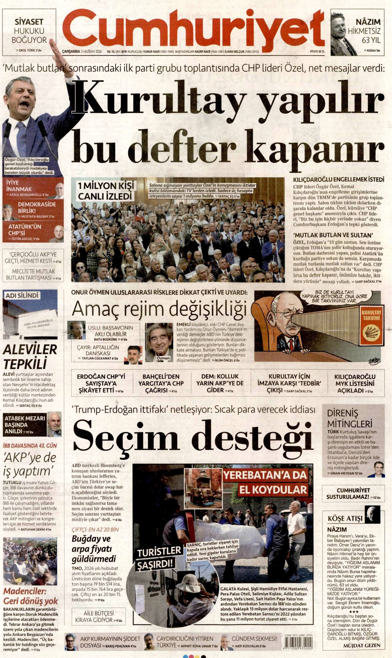 CUMHURİYET gazetesinin 3 Haziran 2026 tarihli birinci sayfası