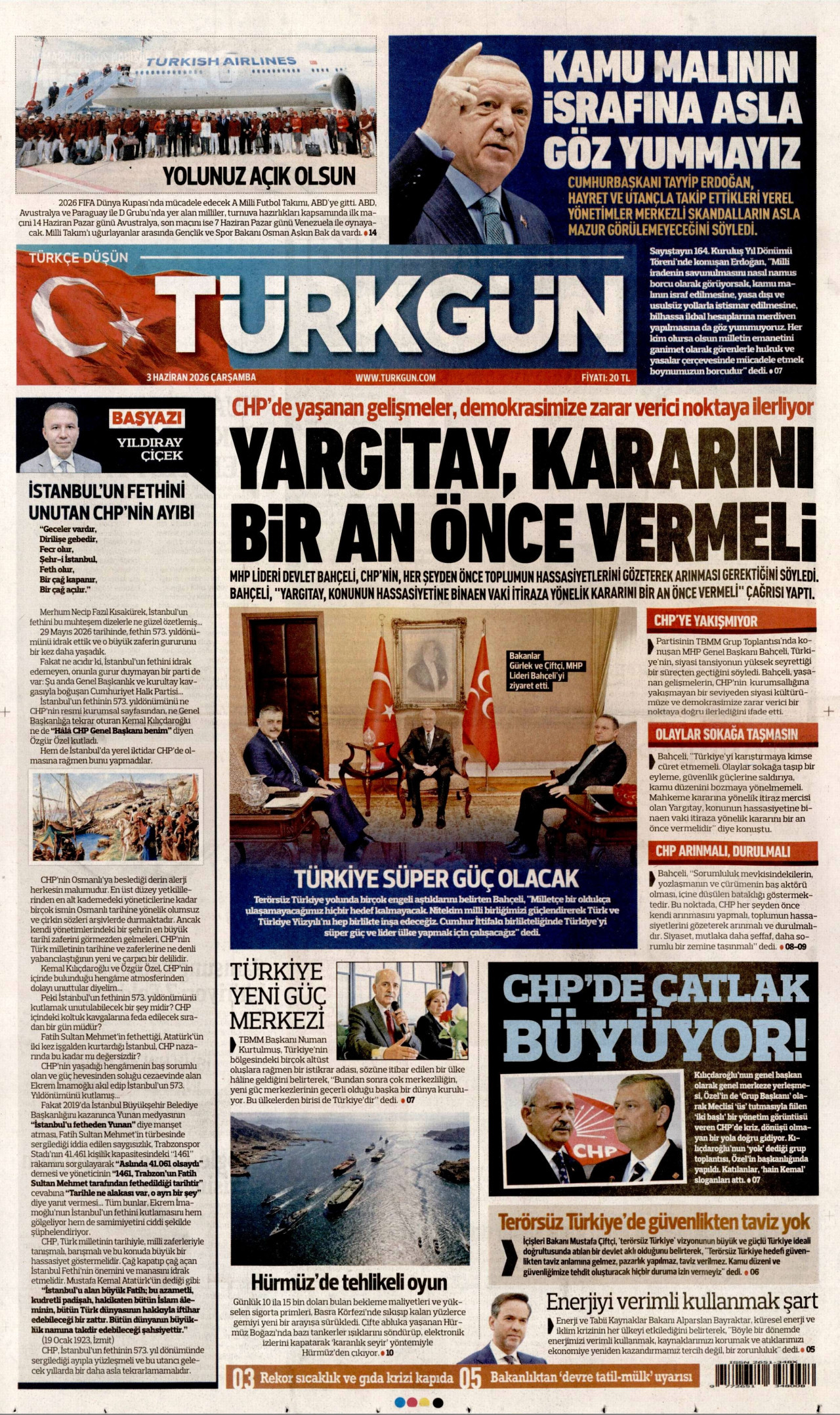 TÜRKGÜN gazetesinin 3 Haziran 2026 tarihli birinci sayfası