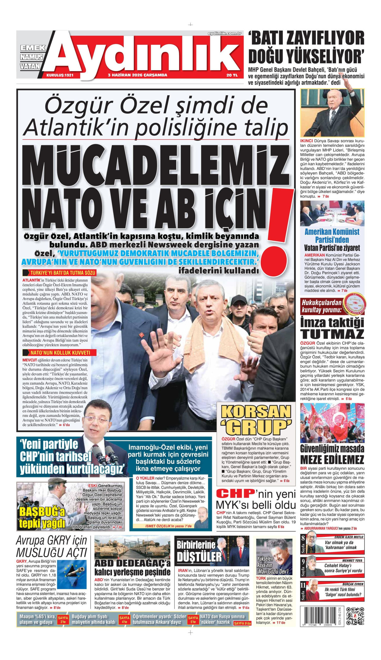 AYDINLIK GAZETESİ gazetesinin 3 Haziran 2026 tarihli birinci sayfası