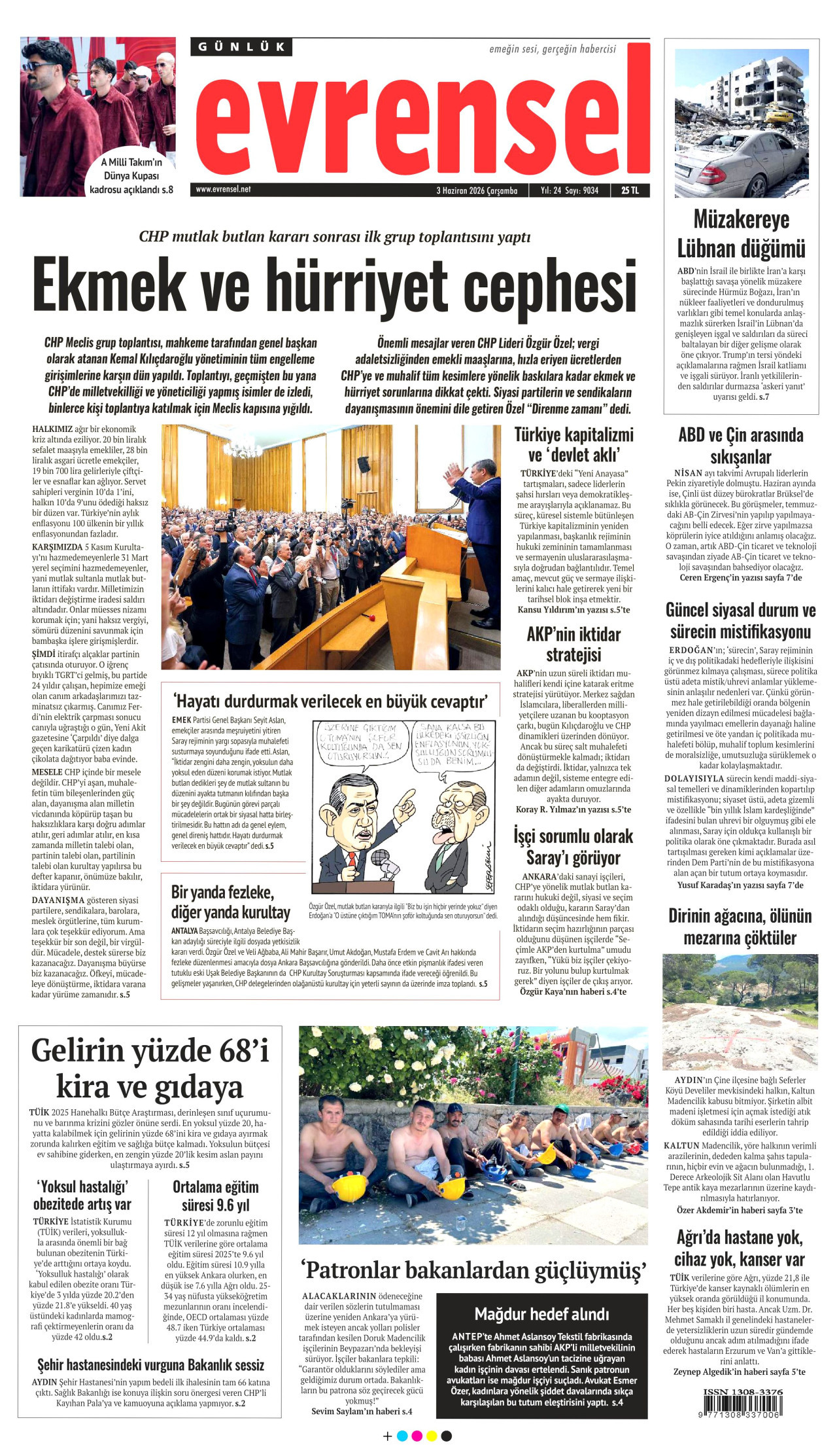 EVRENSEL gazetesinin 3 Haziran 2026 tarihli birinci sayfası