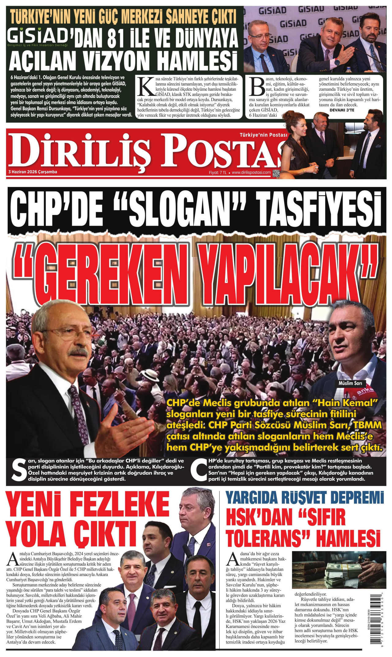 DİRİLİŞ POSTASI gazetesinin 3 Haziran 2026 tarihli birinci sayfası