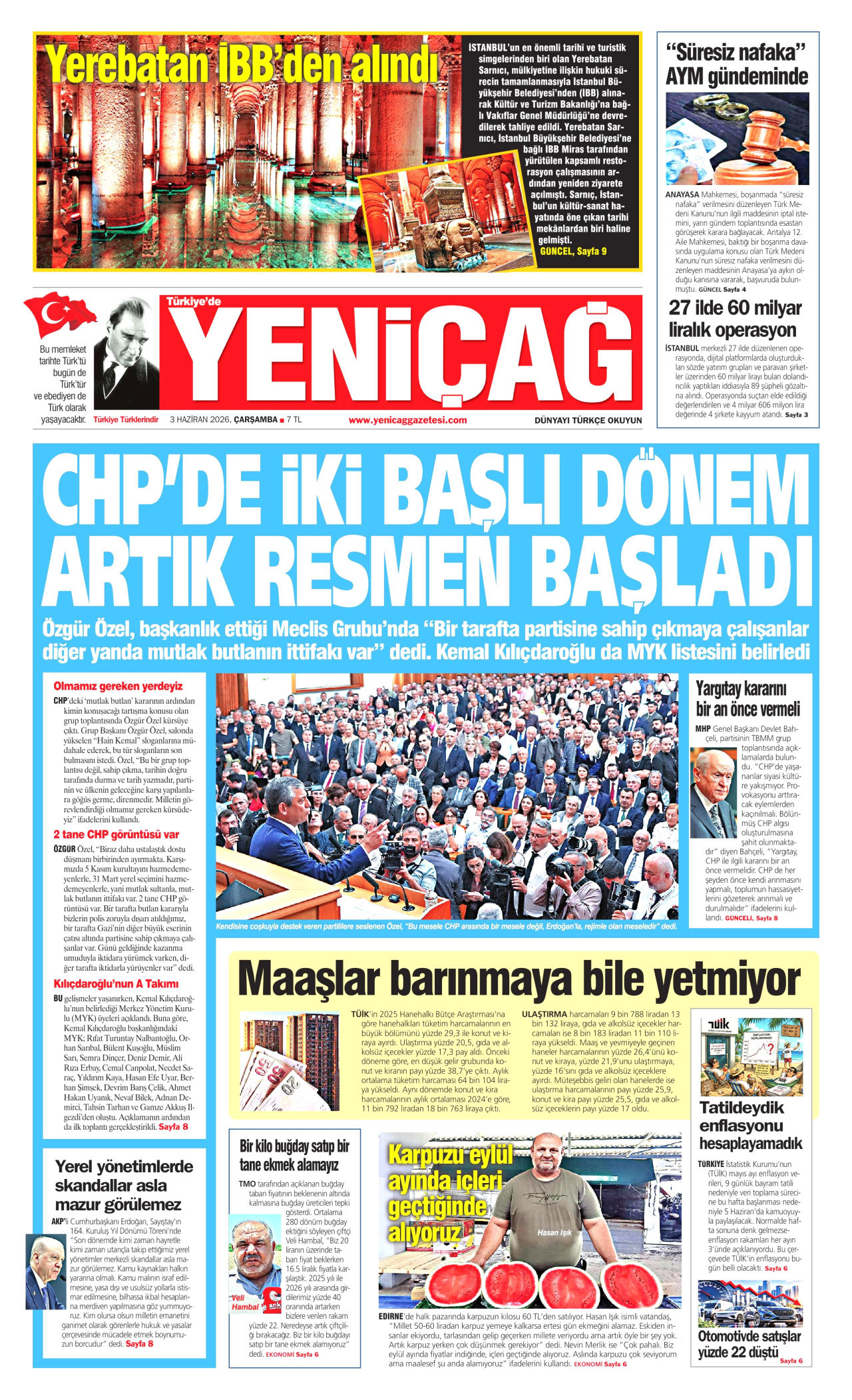YENİÇAĞ gazetesinin 3 Haziran 2026 tarihli birinci sayfası