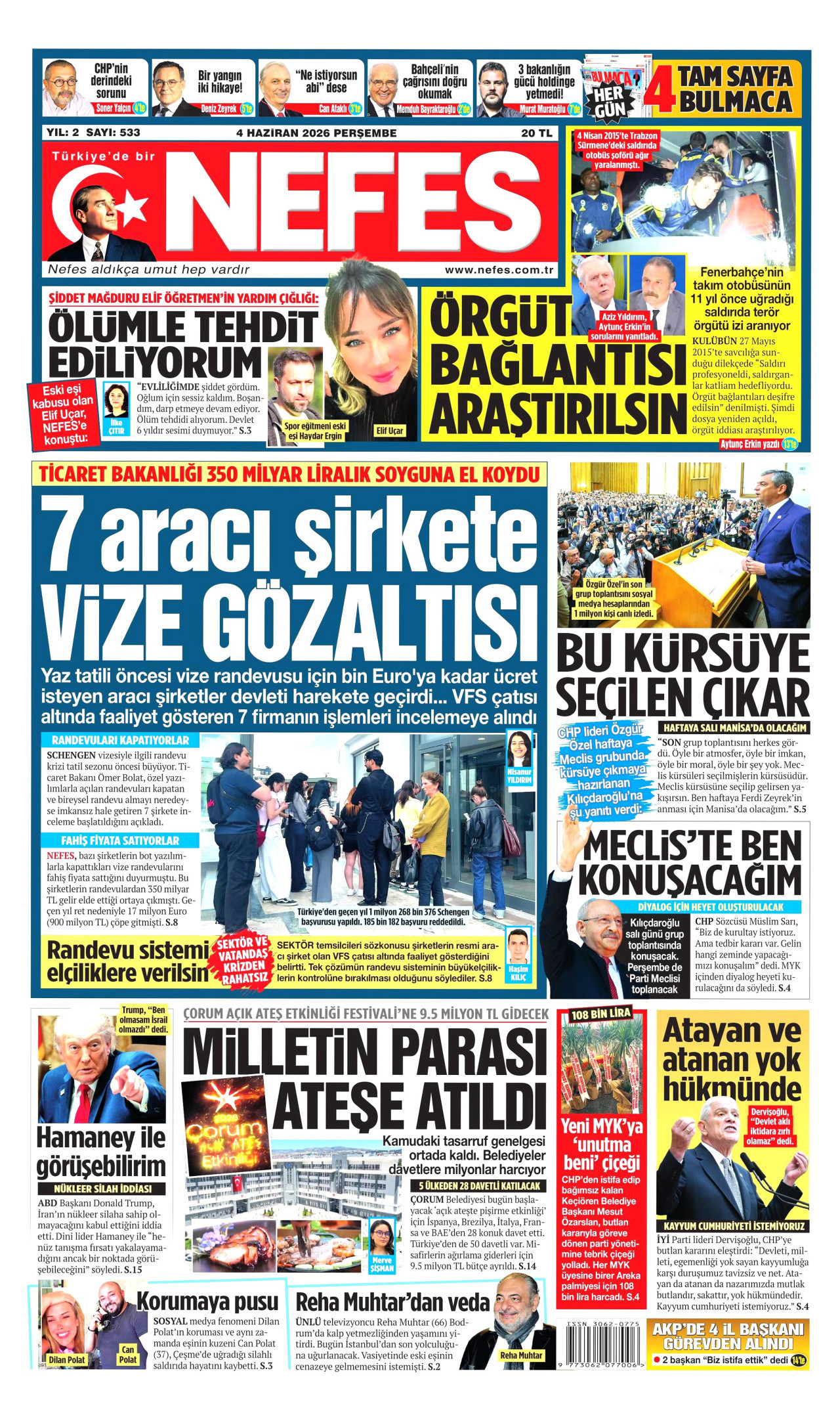 NEFES gazetesinin 4 Haziran 2026 tarihli birinci sayfası