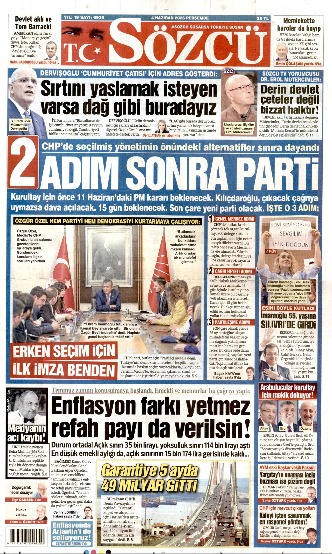 SÖZCÜ gazetesinin 4 Haziran 2026 tarihli birinci sayfası