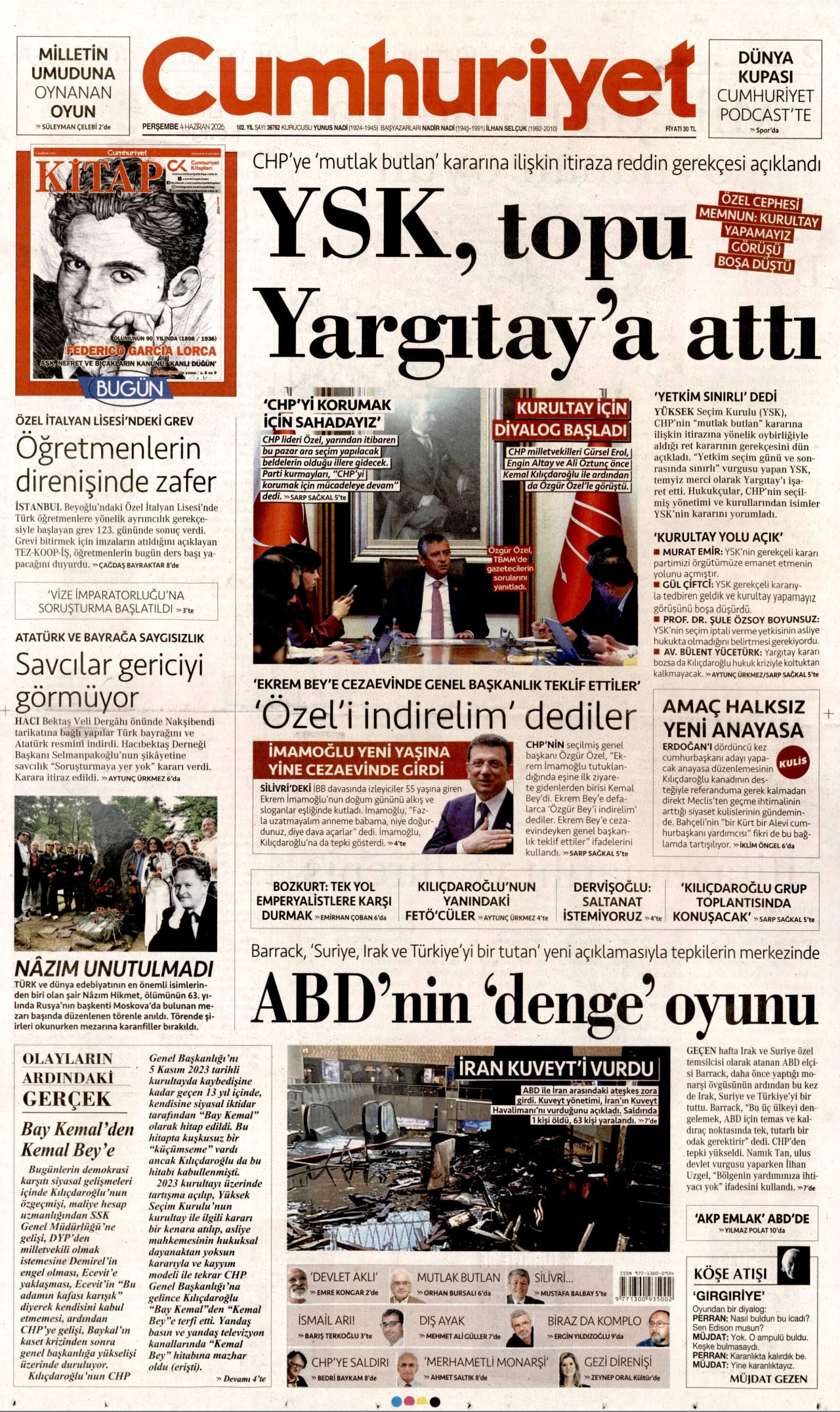 CUMHURİYET gazetesinin 4 Haziran 2026 tarihli birinci sayfası